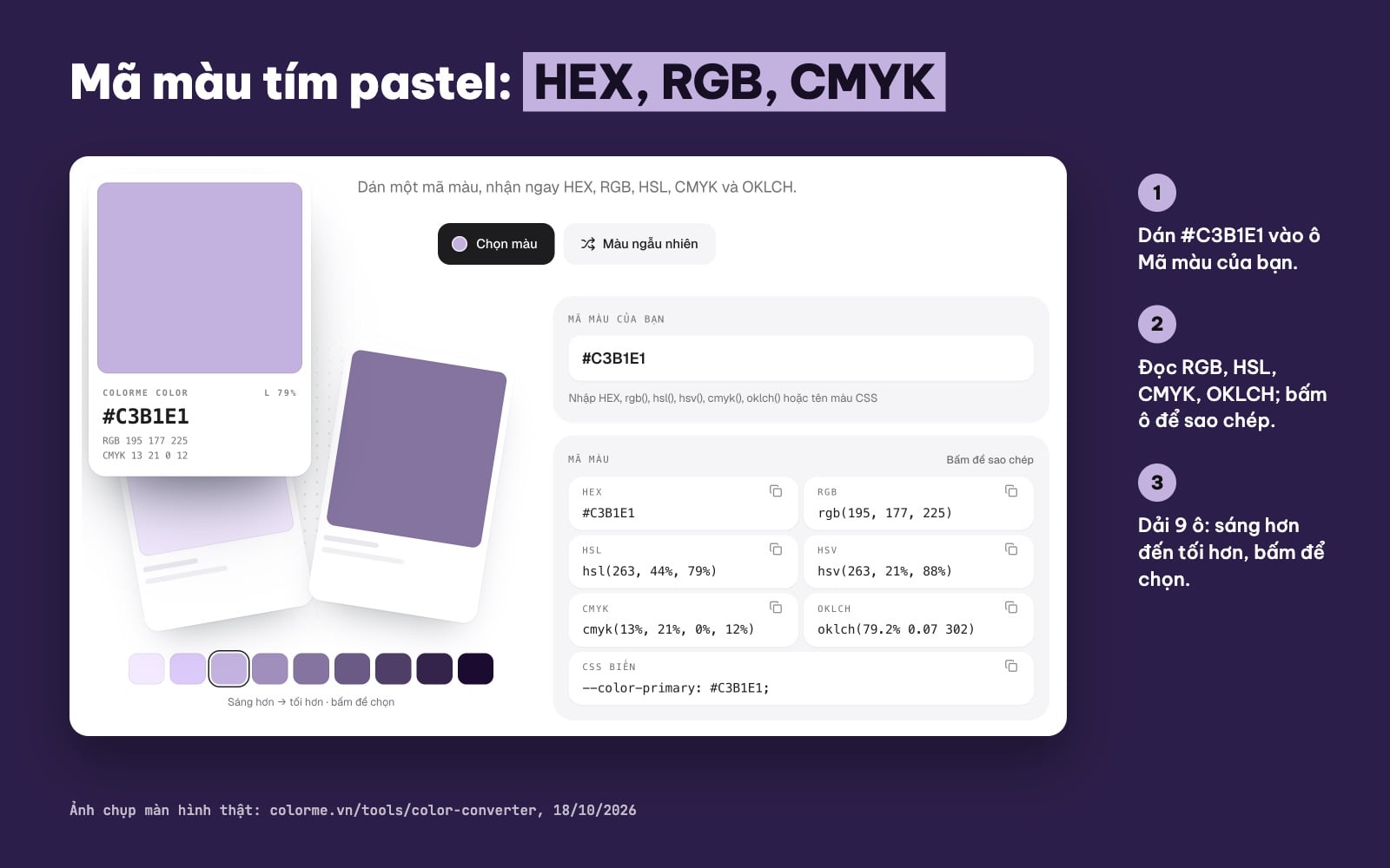 Mã màu tím pastel #C3B1E1: rgb(195, 177, 225), cmyk(13%, 21%, 0%, 12%)