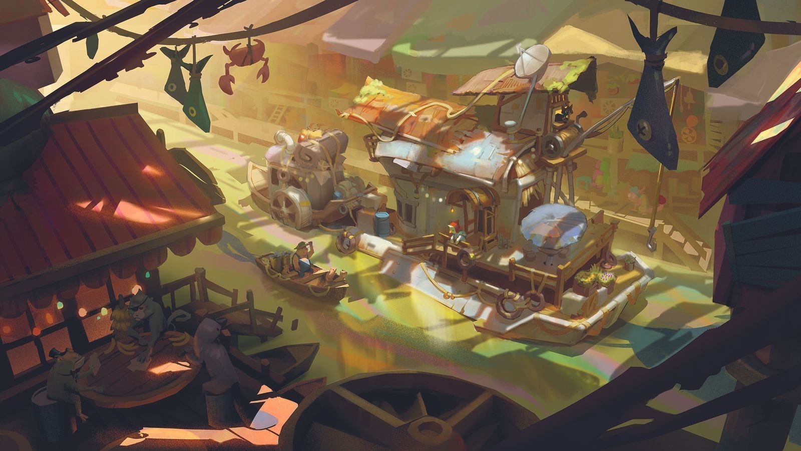 Tranh concept art màu ấm: một đoàn xe kéo đi ngang một ngôi làng có nhà máy, nhiều mái nhà, ống khói và cây cối, ánh nắng vàng