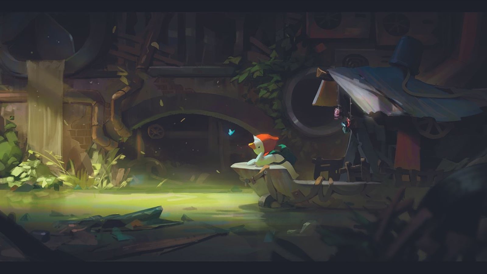 Tranh concept art tông tối: một chú vịt nhỏ đứng trong khoảng sáng giữa khu rừng rậm, xung quanh là cây cối và bóng tối xanh lục