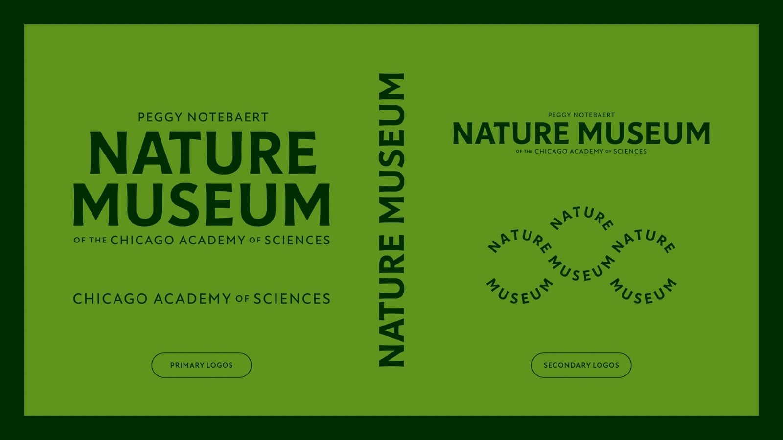Hai phiên bản logo Nature Museum màu kem trên nền xanh lá: bản ngang và bản dọc, kèm con dấu tròn có chữ chạy quanh biểu tượng