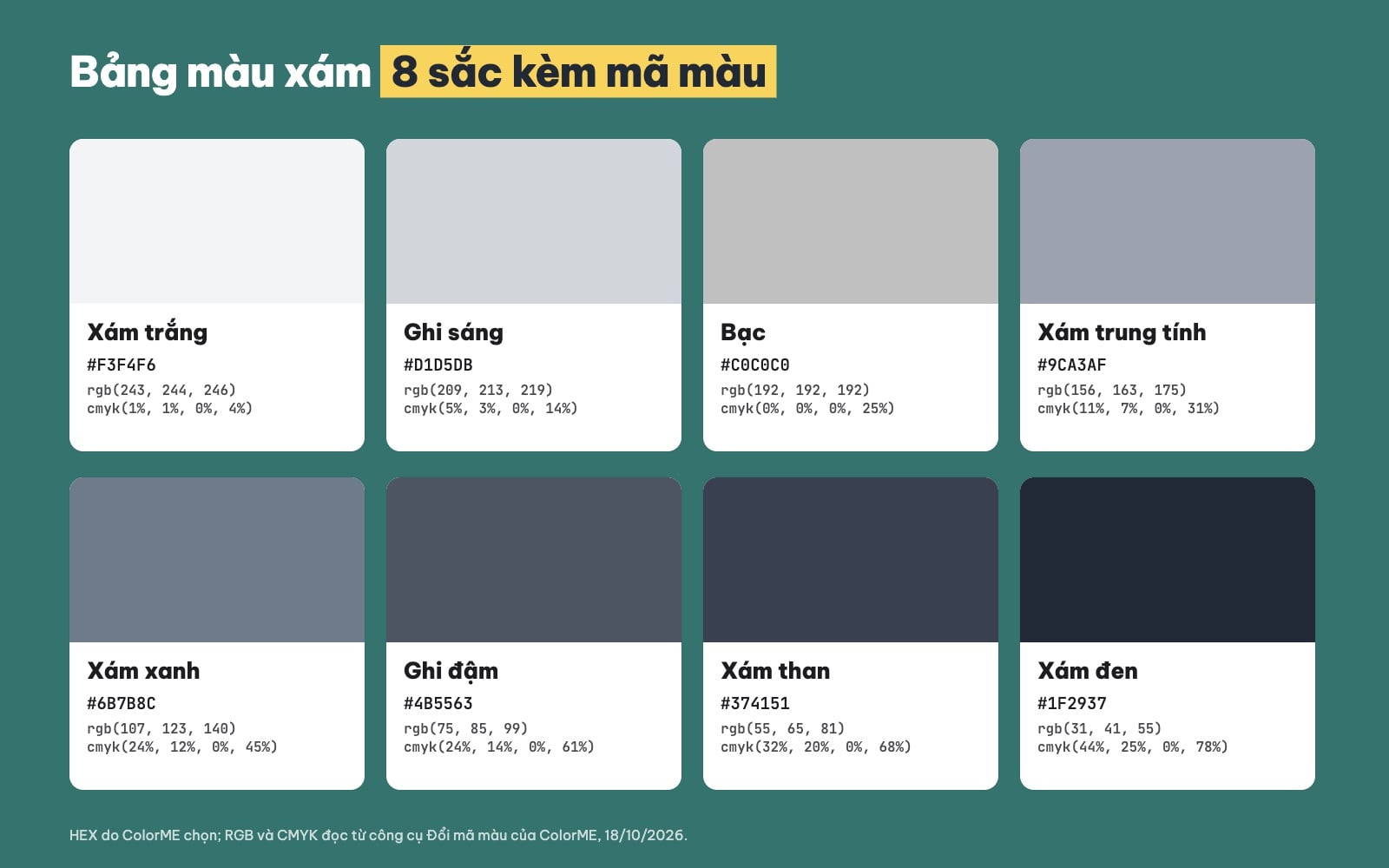 Bảng màu xám 8 sắc: xám trắng #F3F4F6, ghi sáng, bạc #C0C0C0, xám xanh #6B7B8C, xám than
