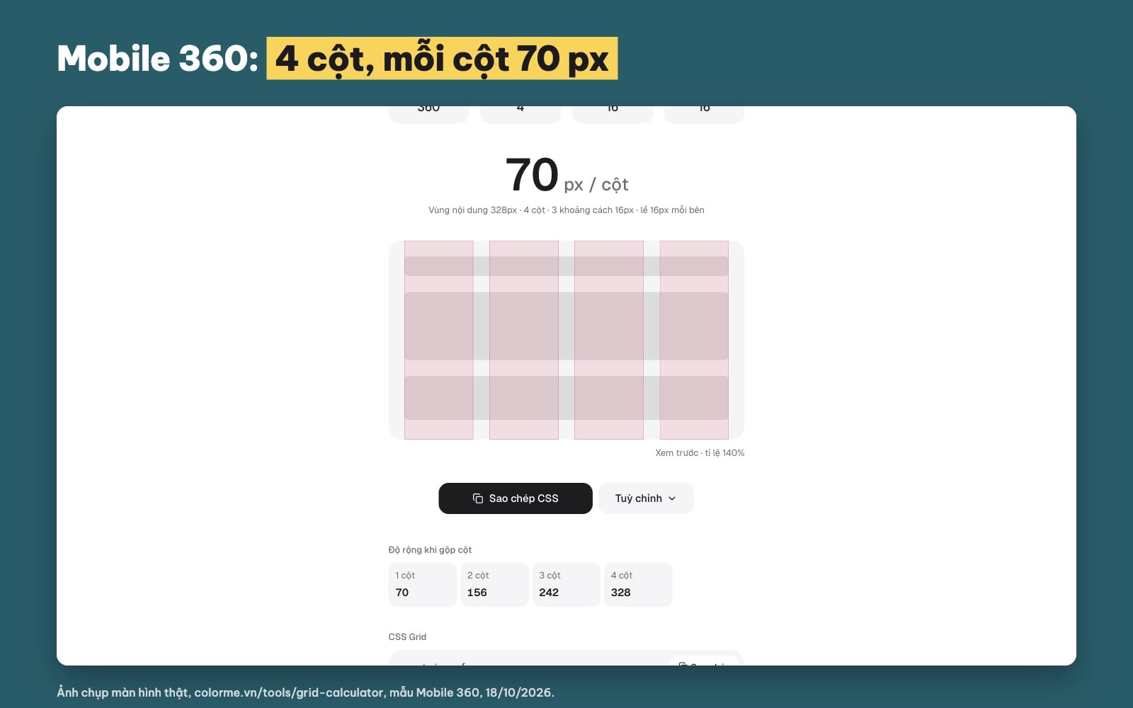 Layout grid 4 cột cho mobile 360 px