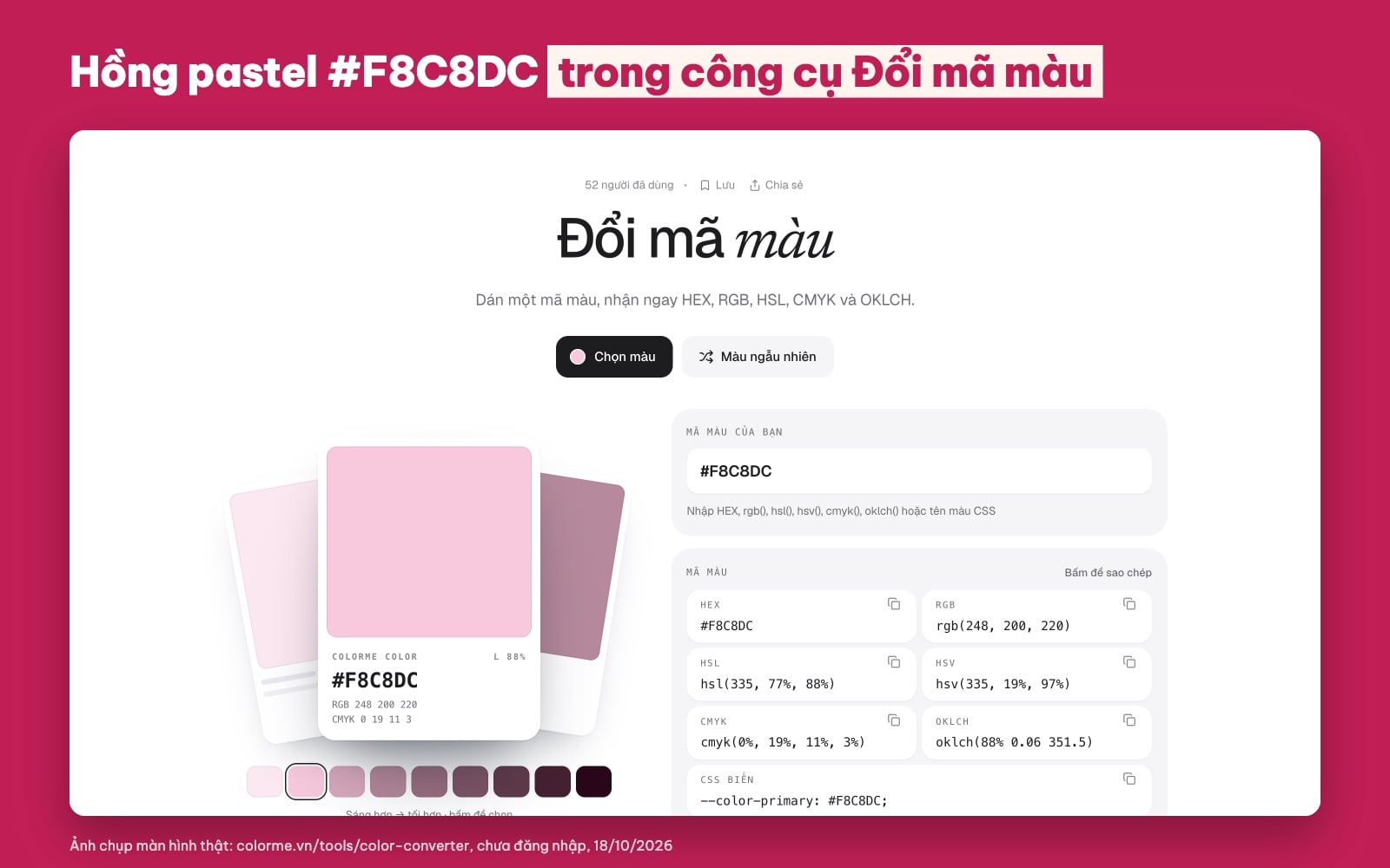 Mã màu hồng pastel #F8C8DC: rgb(248, 200, 220), cmyk(0%, 19%, 11%, 3%)