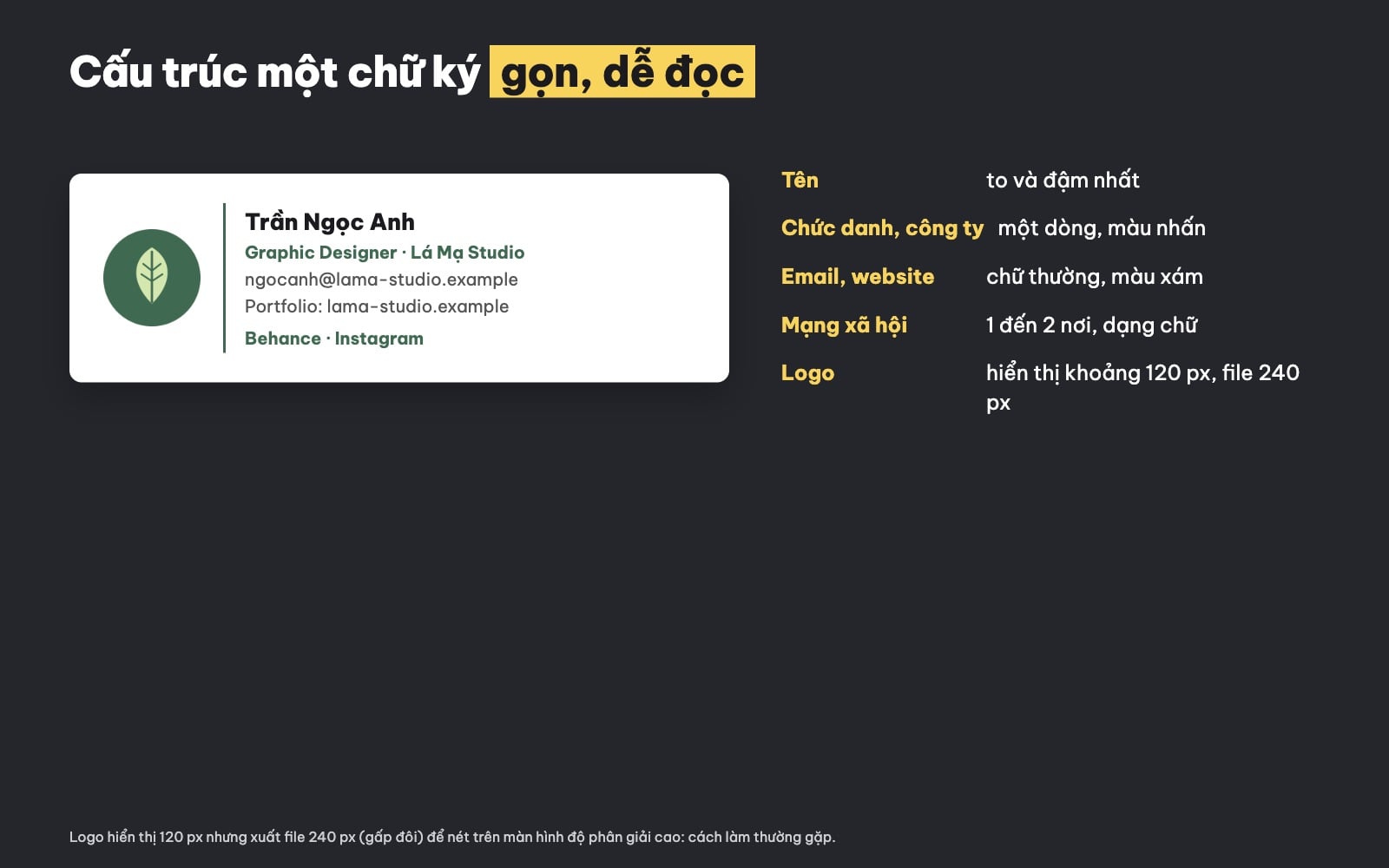Cấu trúc chữ ký email: tên, chức danh, liên hệ, logo