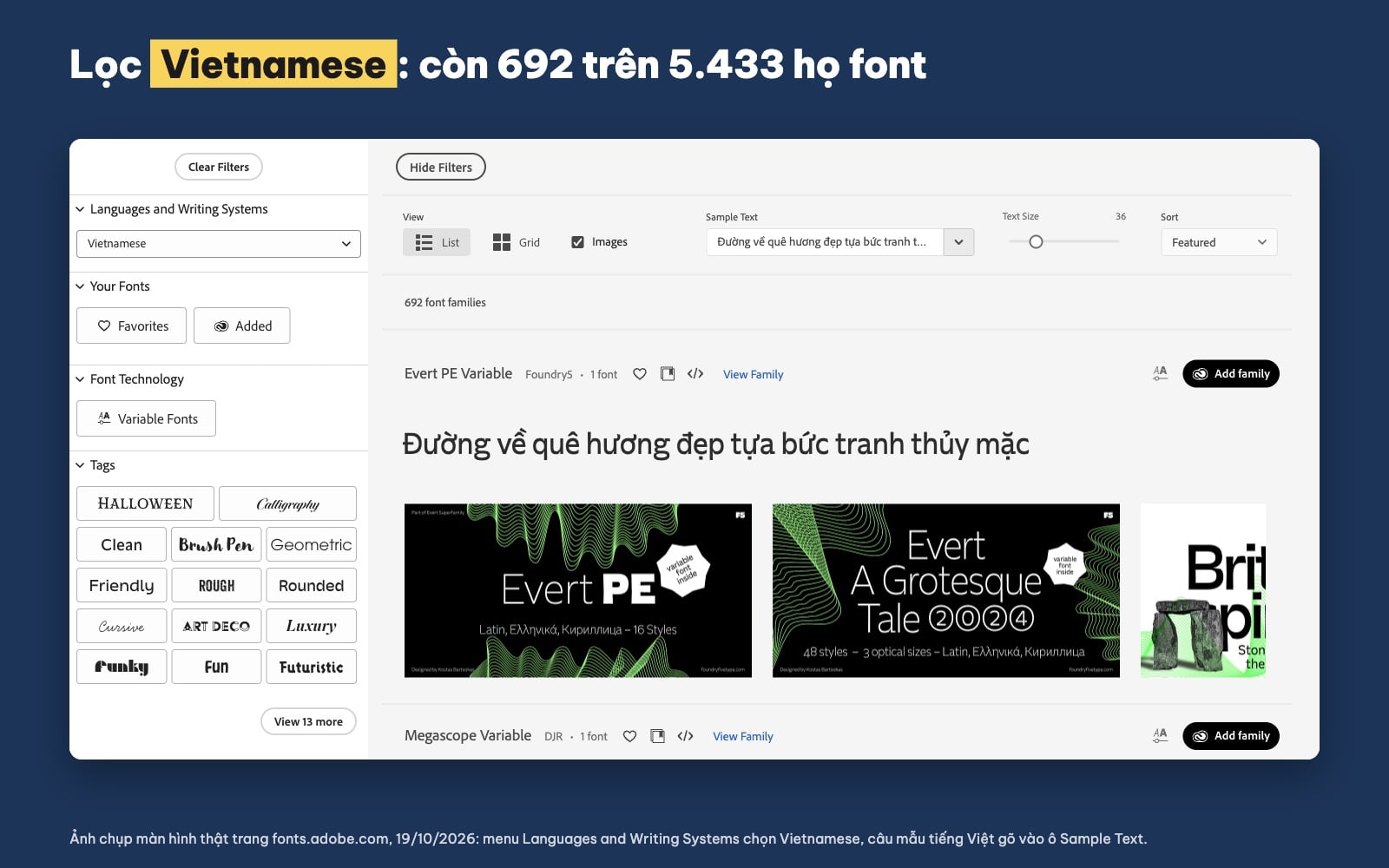 Lọc font Adobe Fonts có tiếng Việt bằng menu Languages and Writing Systems