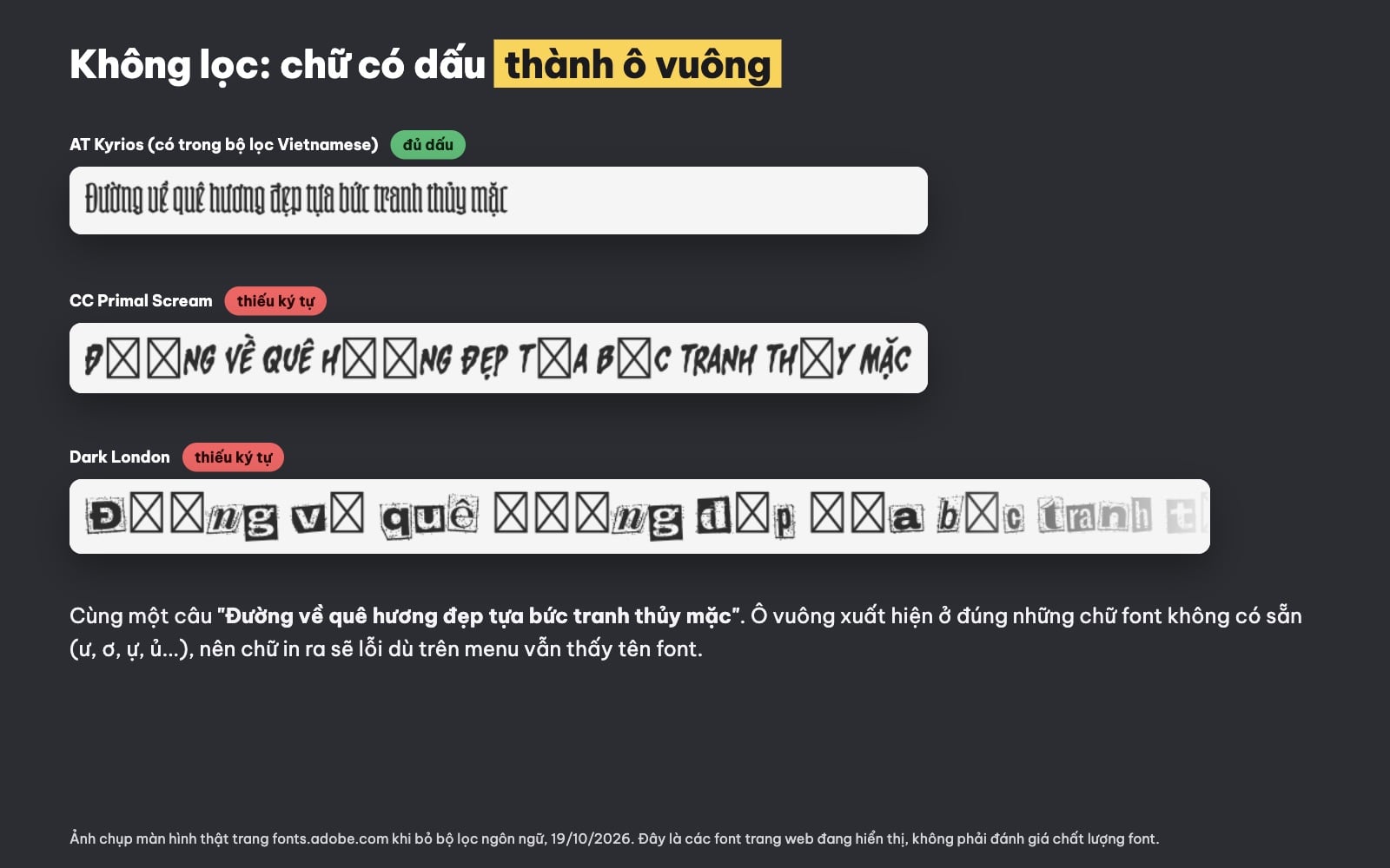 Font Adobe Fonts thiếu tiếng Việt hiện ô vuông ở chữ có dấu