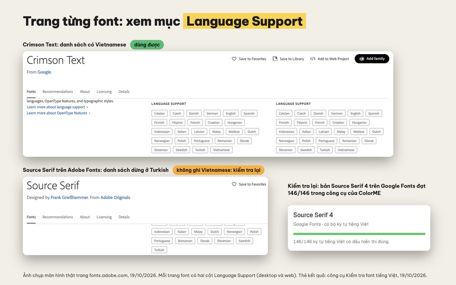 Mục Language Support trên trang font Adobe Fonts