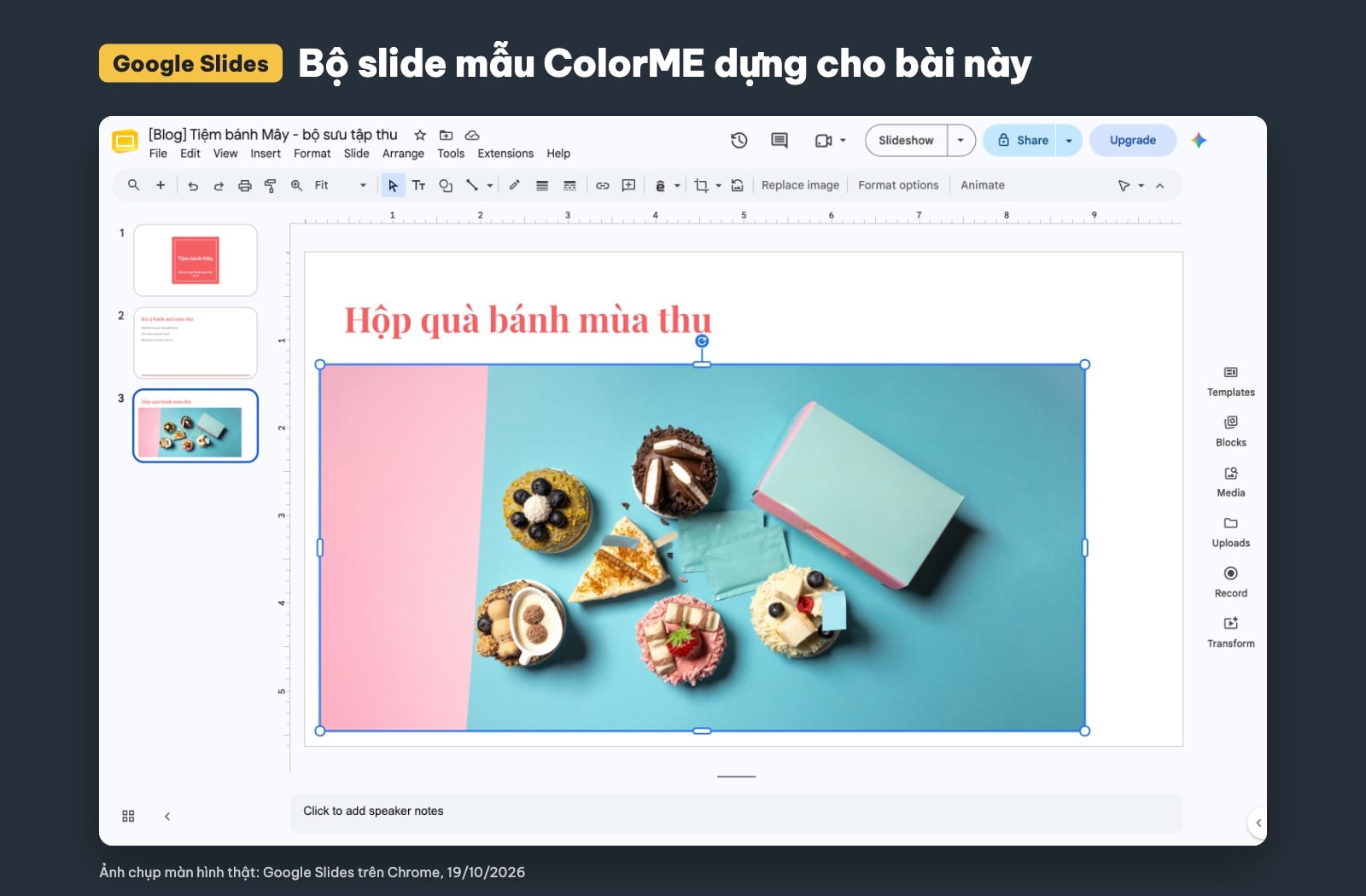 Giao diện Google Slides với bộ slide mẫu Tiệm bánh Mây