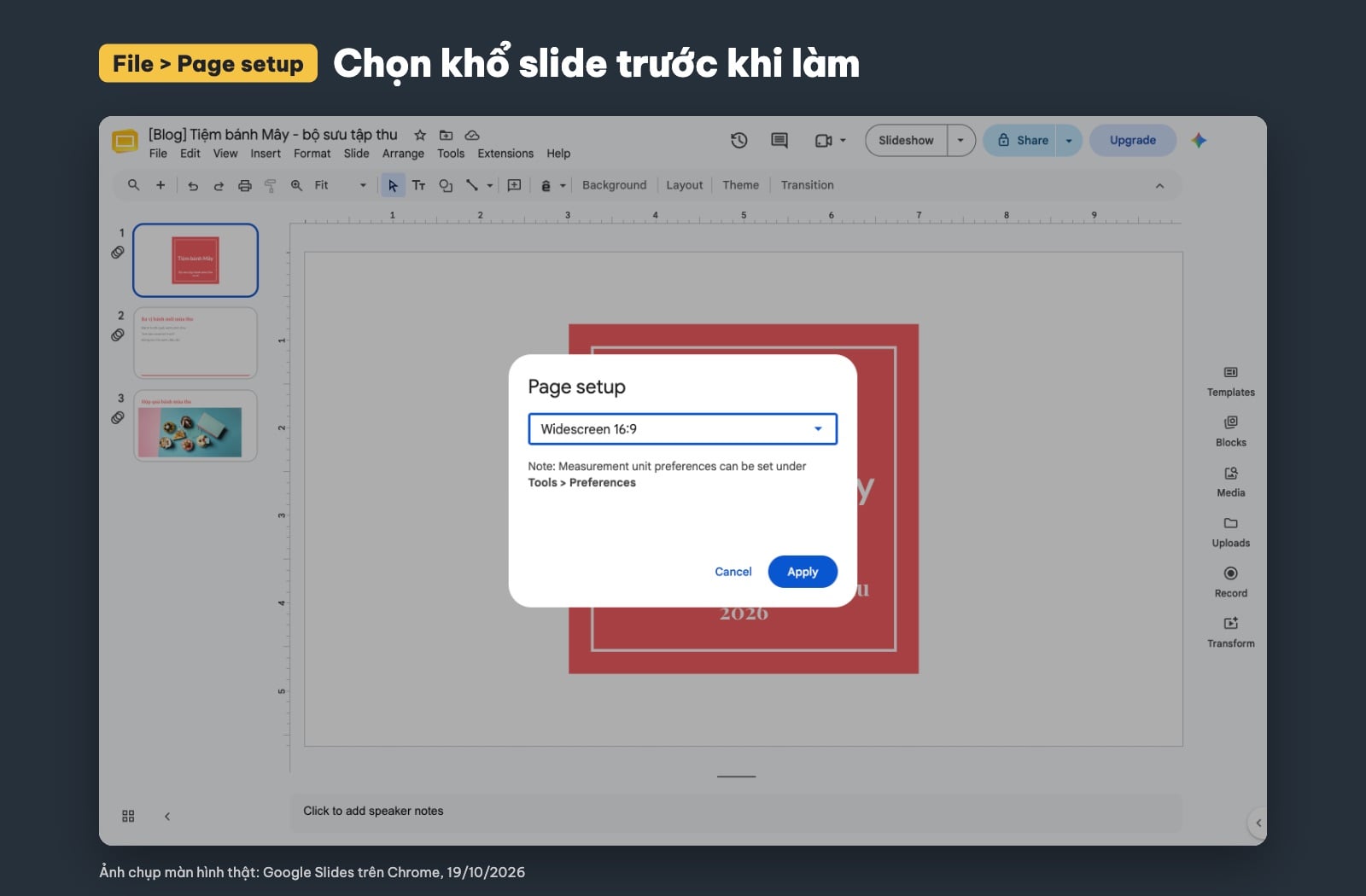 Hộp thoại Page setup chọn khổ slide 16:9 trong Google Slides