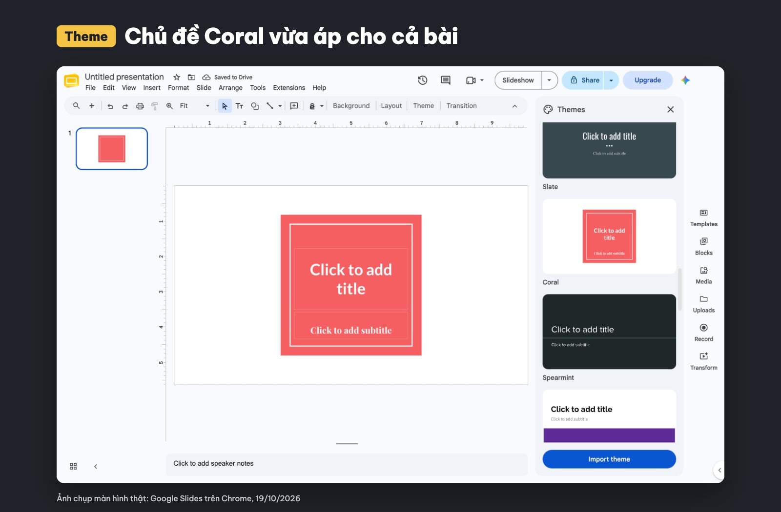 Chọn chủ đề Coral trong Google Slides