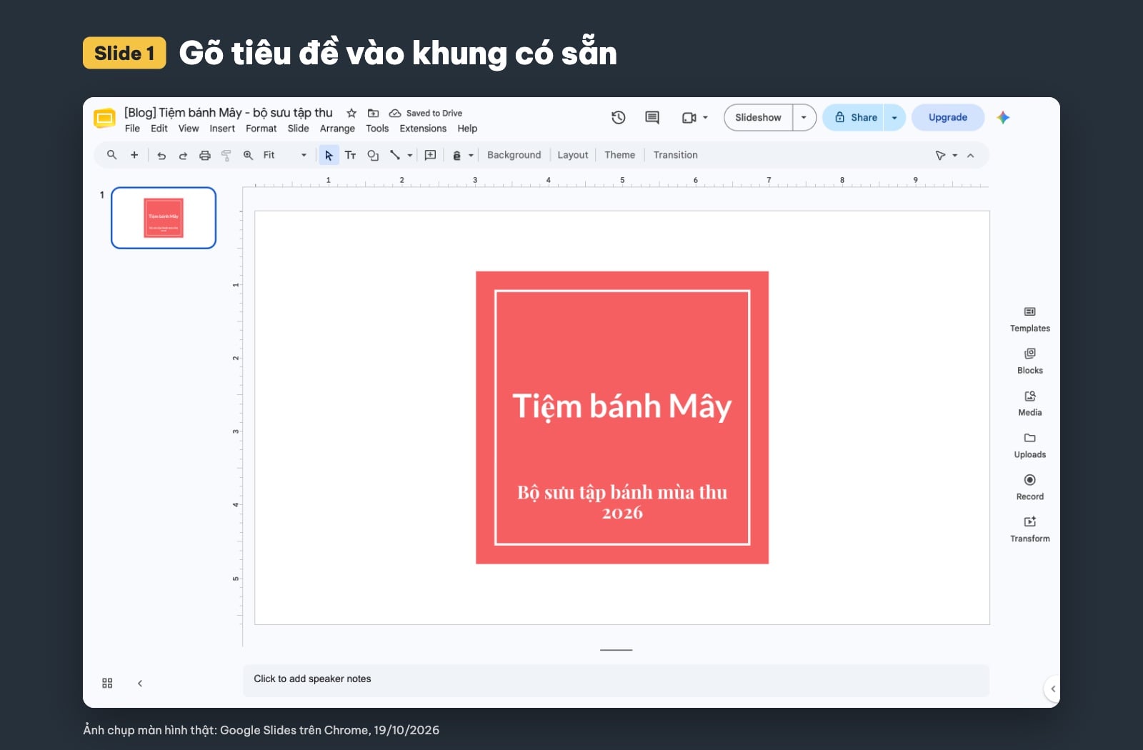 Slide tiêu đề Tiệm bánh Mây trong Google Slides