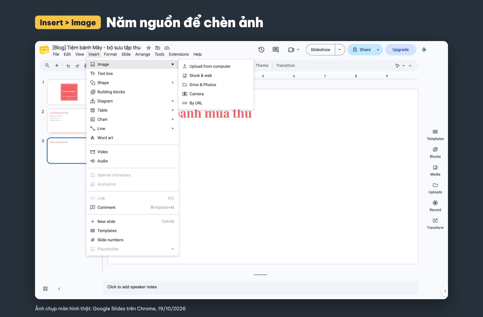 Menu Insert Image chèn ảnh trong Google Slides