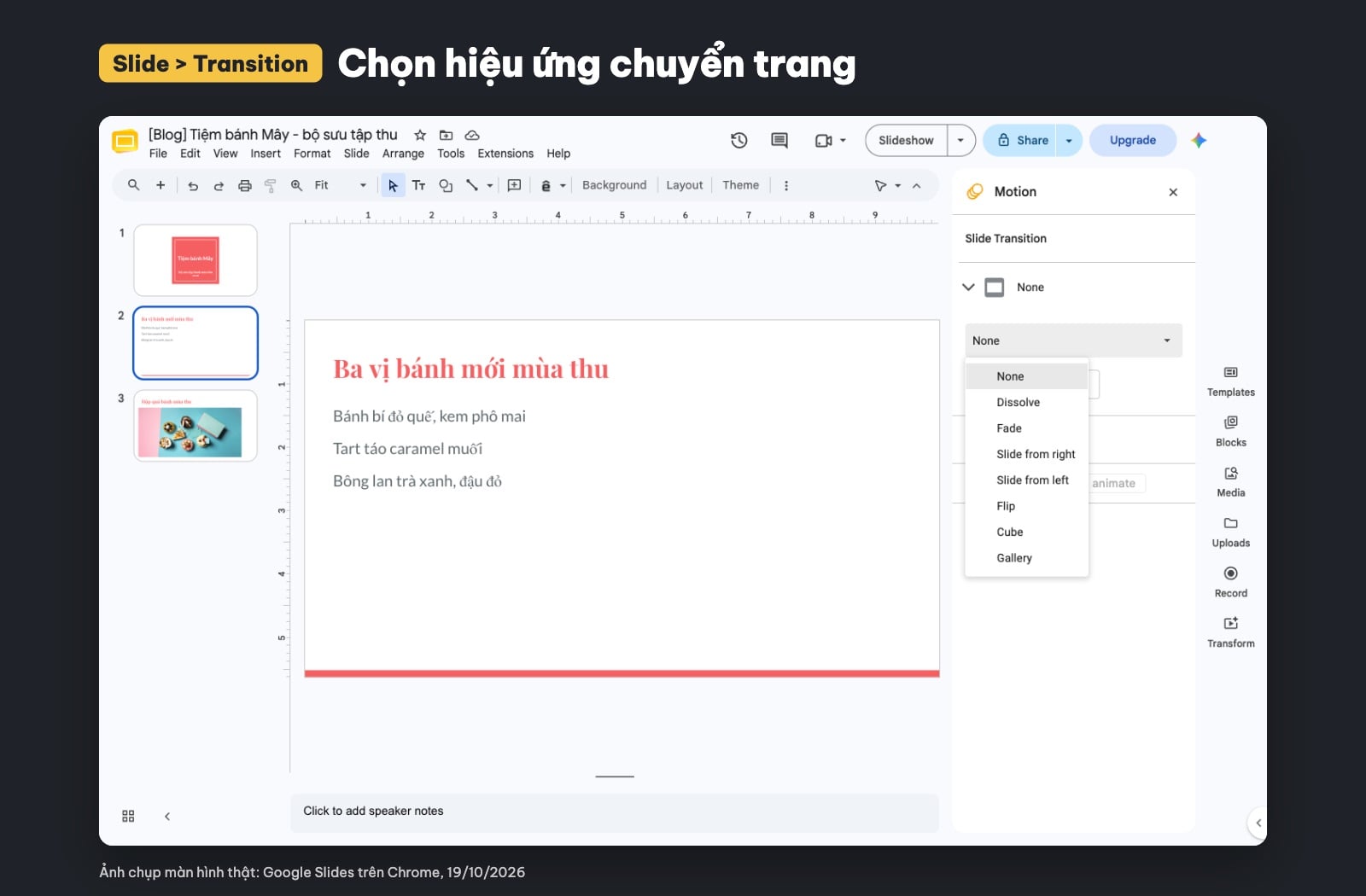 Danh sách hiệu ứng chuyển trang Transition trong Google Slides