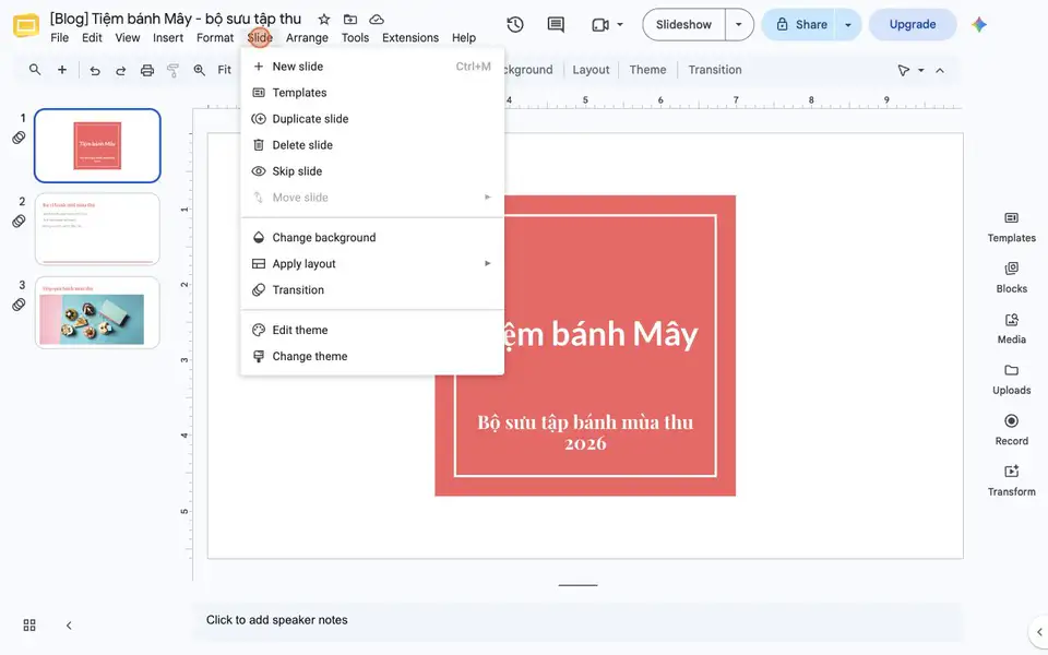 Xem trước hiệu ứng chuyển trang Dissolve trong Google Slides