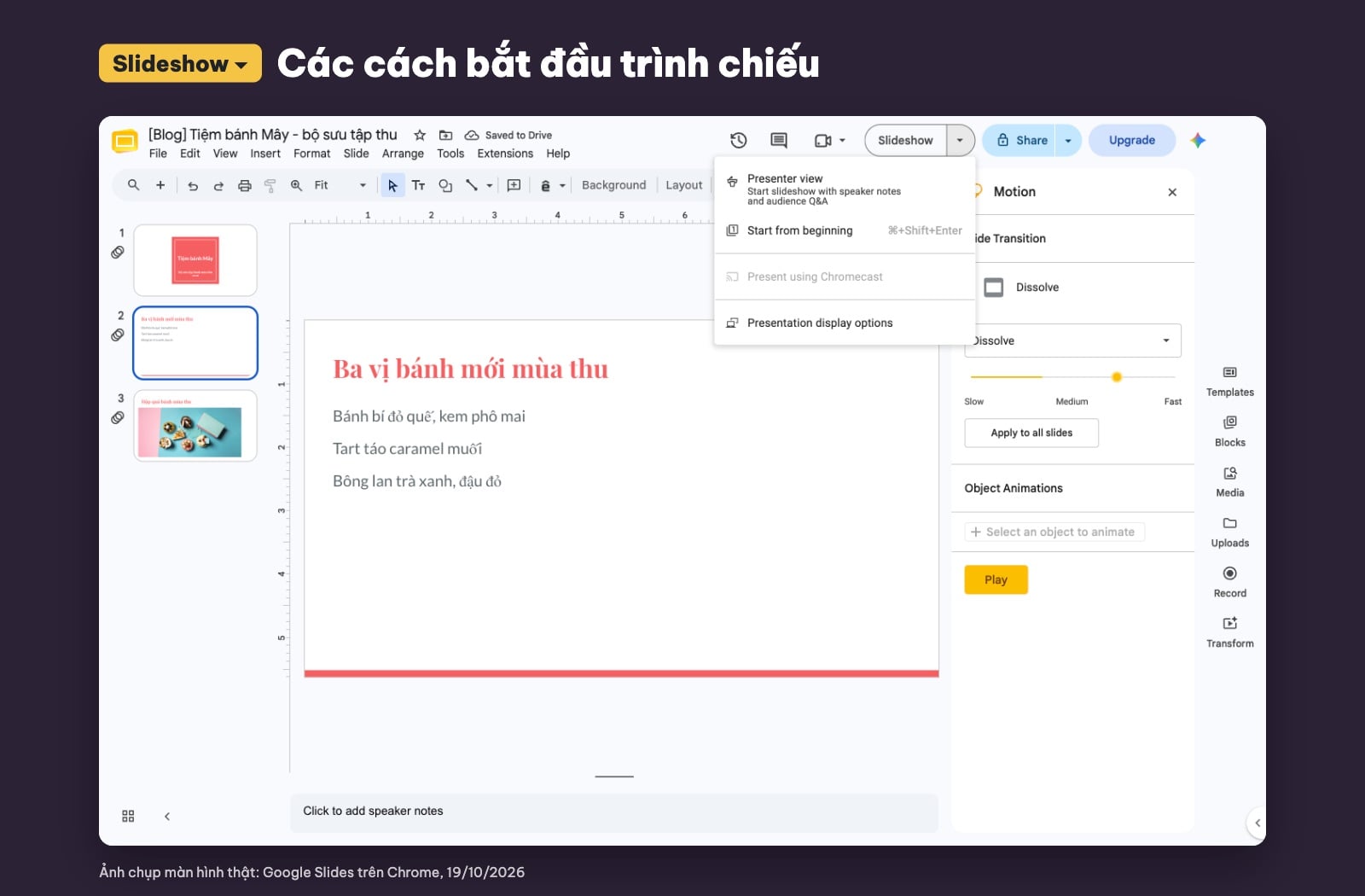 Menu trình chiếu Slideshow trong Google Slides