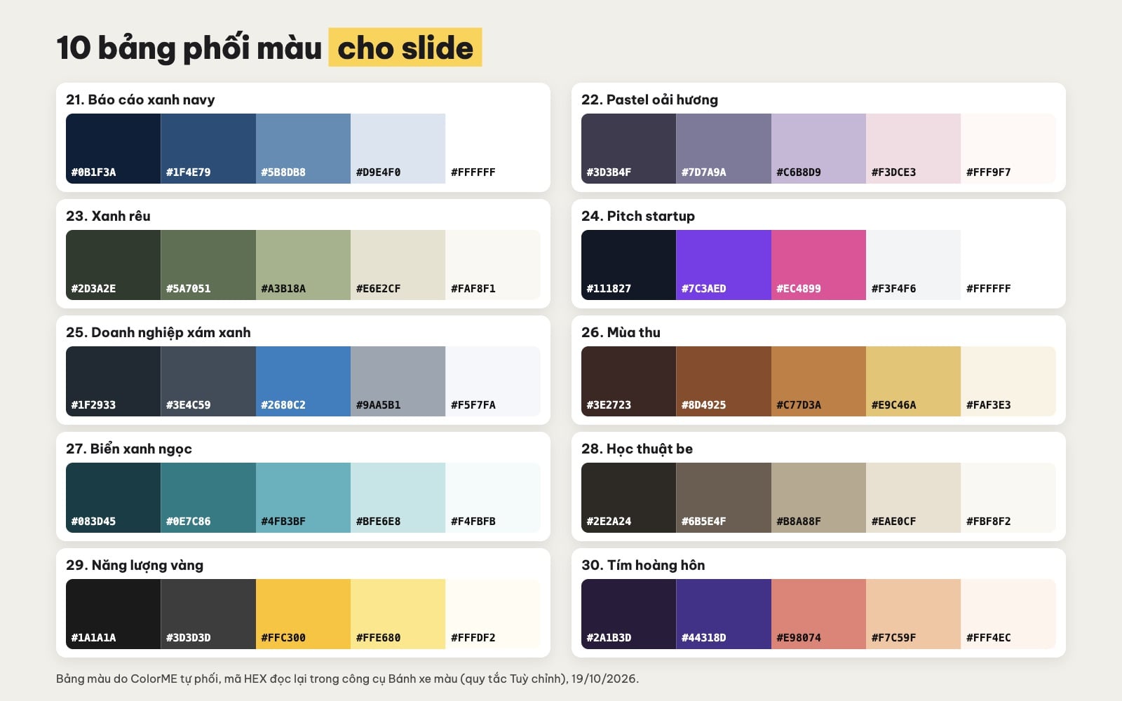 Bảng phối màu cho slide thuyết trình có mã HEX