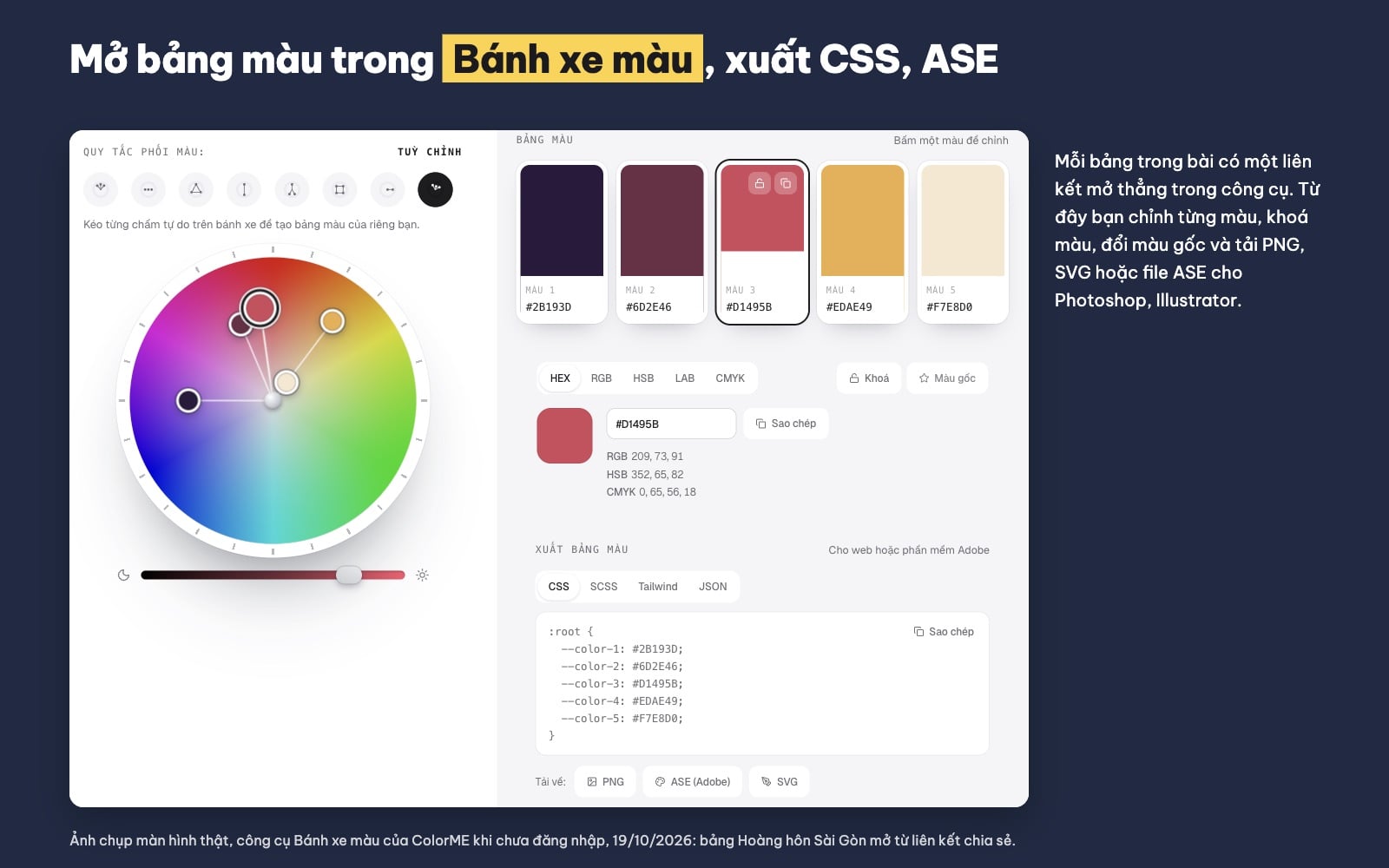 Mở bảng phối màu trong công cụ bánh xe màu và xuất mã CSS