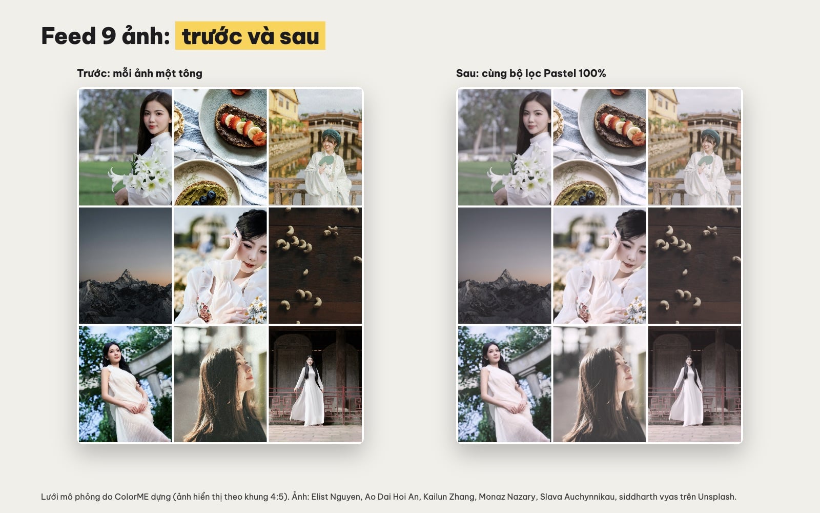Feed Instagram đồng màu trước và sau khi áp bộ lọc