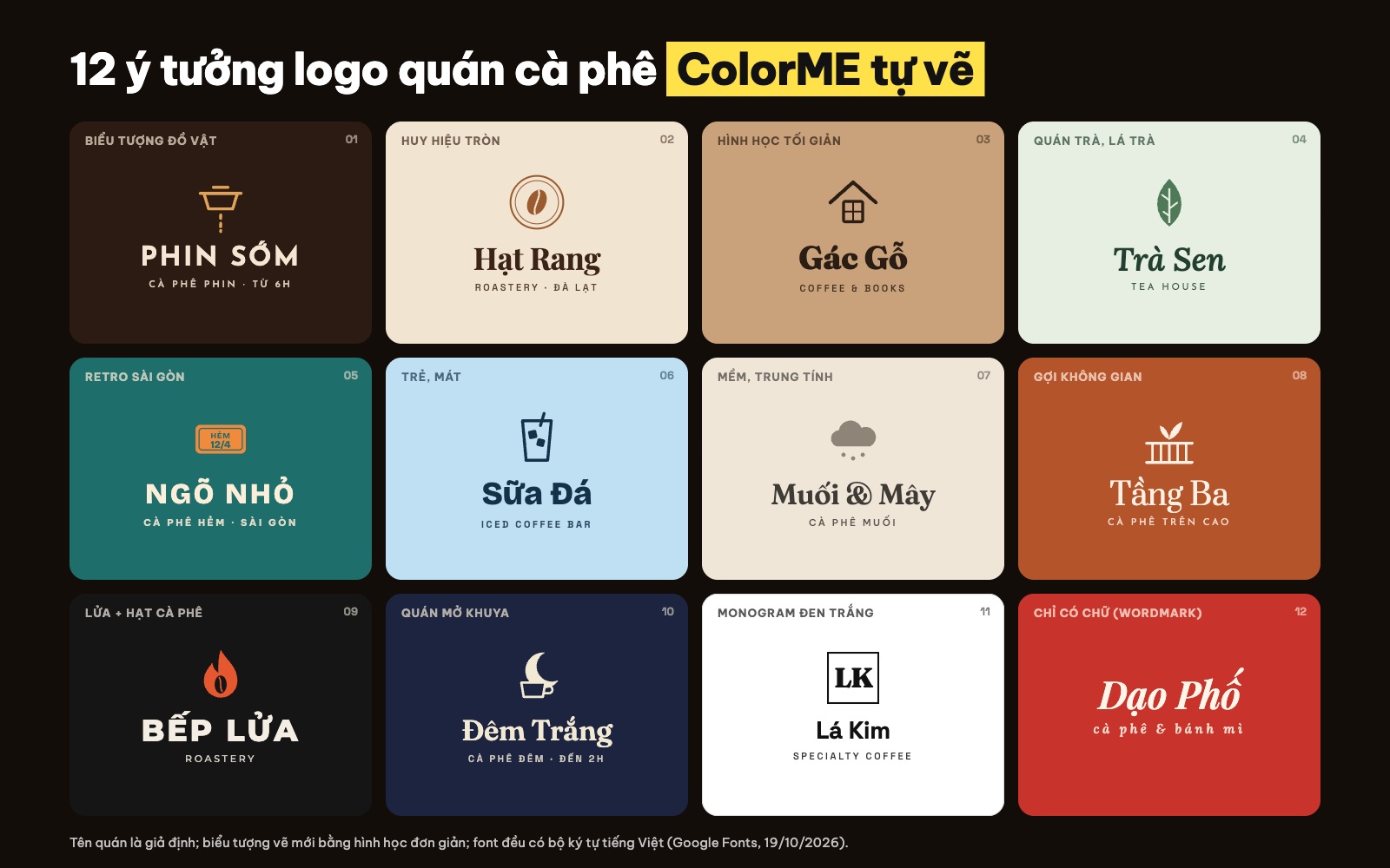 12 ý tưởng logo quán cà phê: Phin Sớm, Hạt Rang, Gác Gỗ, Trà Sen, Ngõ Nhỏ, Bếp Lửa, Đêm Trắng