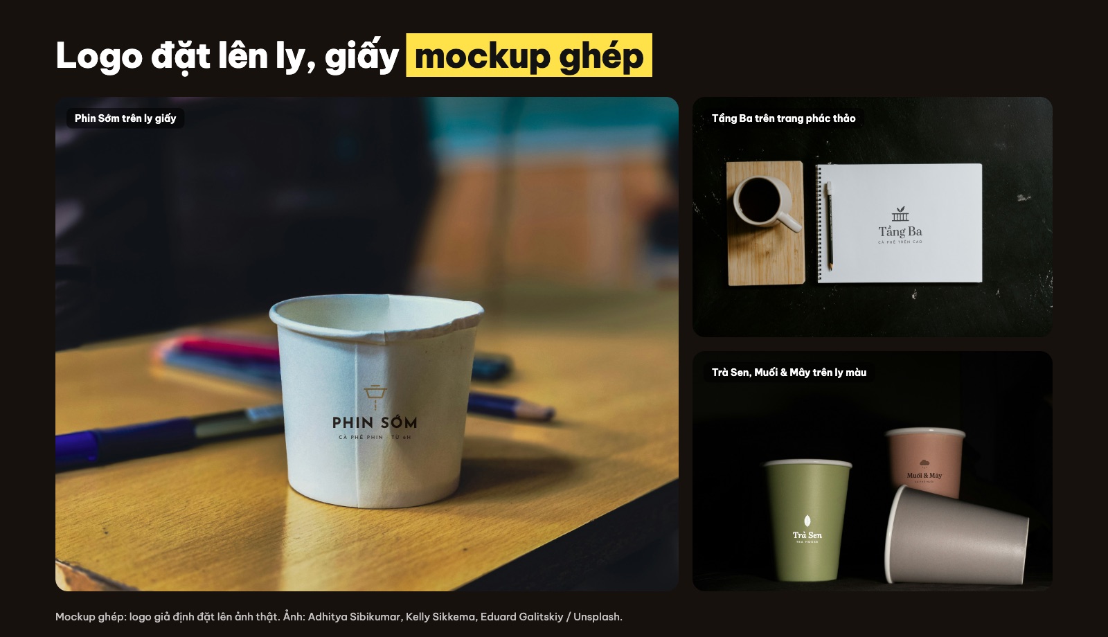Mockup logo quán cà phê trên ly giấy, ly màu và trang phác thảo