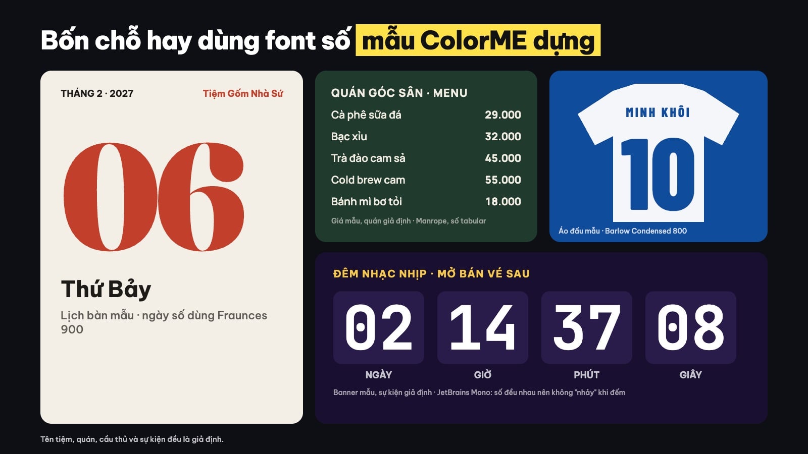 Mẫu dùng font số cho lịch, menu, số áo và đồng hồ đếm ngược