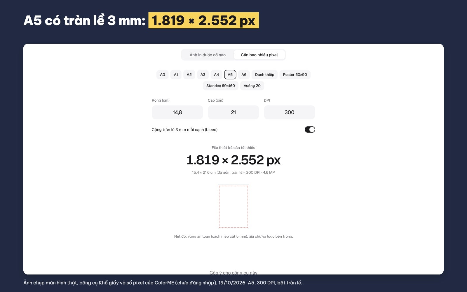 Tính số pixel tờ rơi A5 có tràn lề
