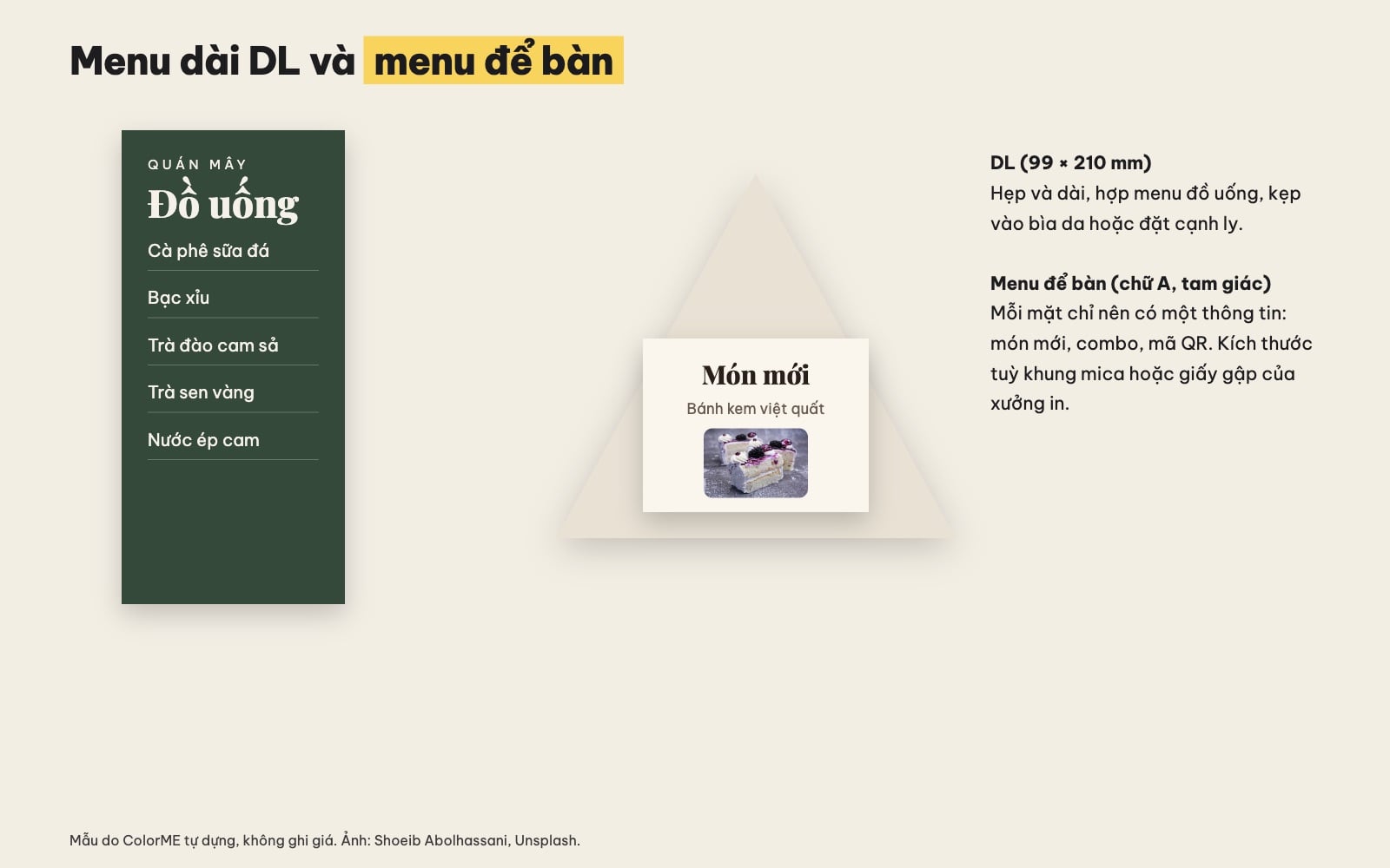 Menu đồ uống khổ DL và menu để bàn