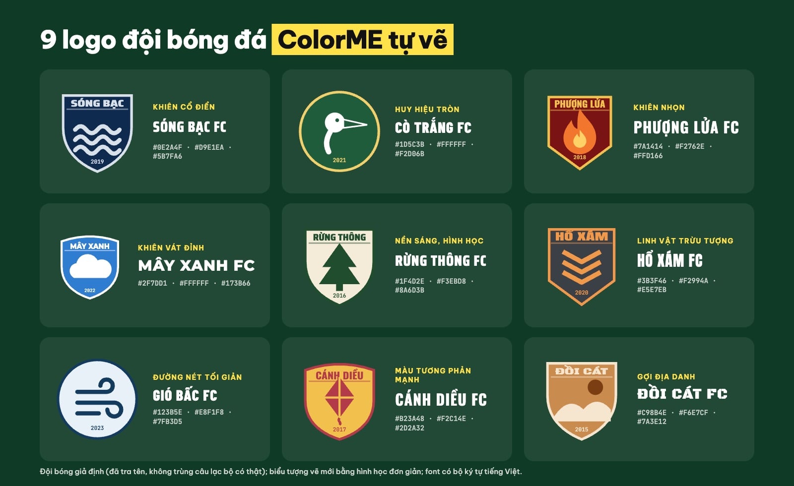 9 mẫu logo đội bóng đá: Sóng Bạc, Cò Trắng, Phượng Lửa, Mây Xanh, Rừng Thông, Hổ Xám
