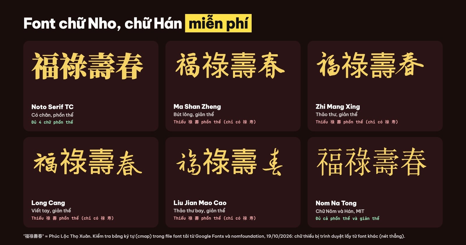 Font chữ Nho, chữ Hán miễn phí: Noto Serif TC, Ma Shan Zheng, Zhi Mang Xing, Nôm Na Tống