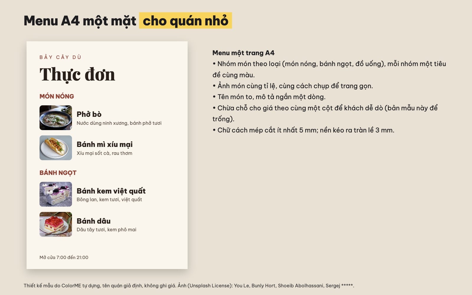 Mẫu menu A4 một trang cho quán cà phê
