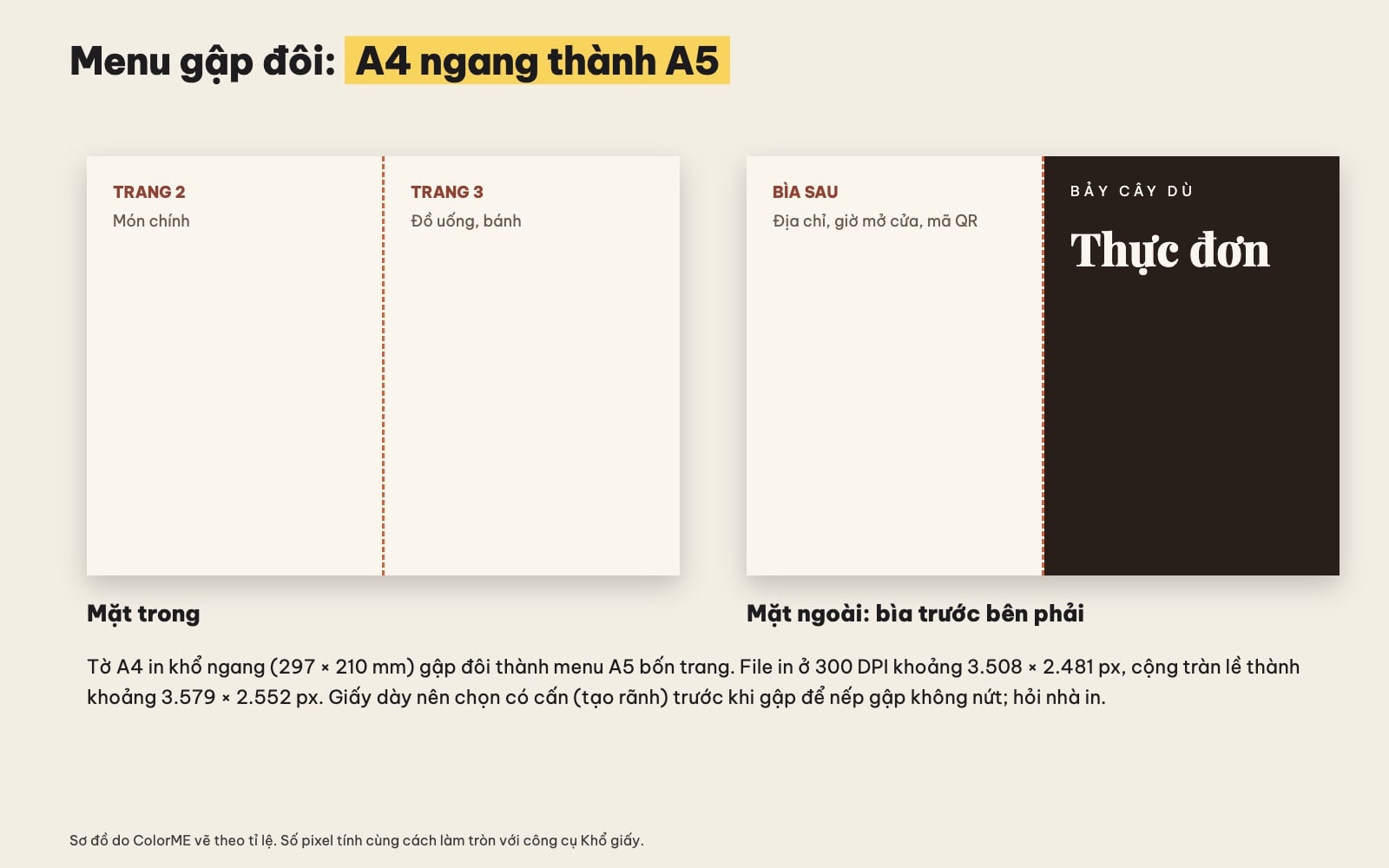 Kích thước menu gập đôi A4 thành A5