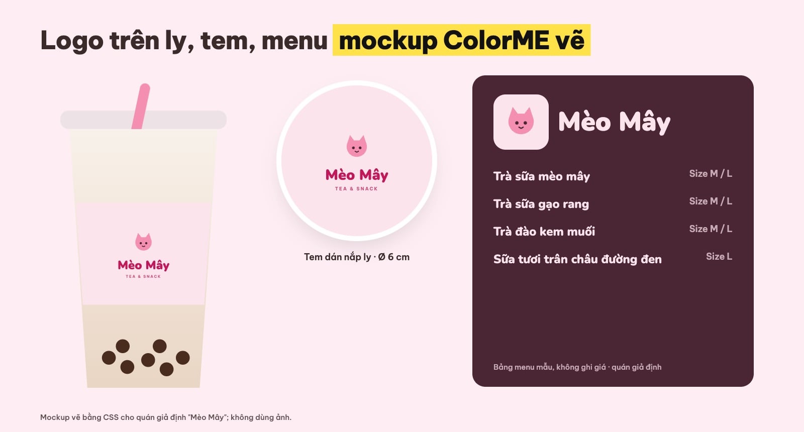 Mockup logo trà sữa trên ly, tem dán và menu