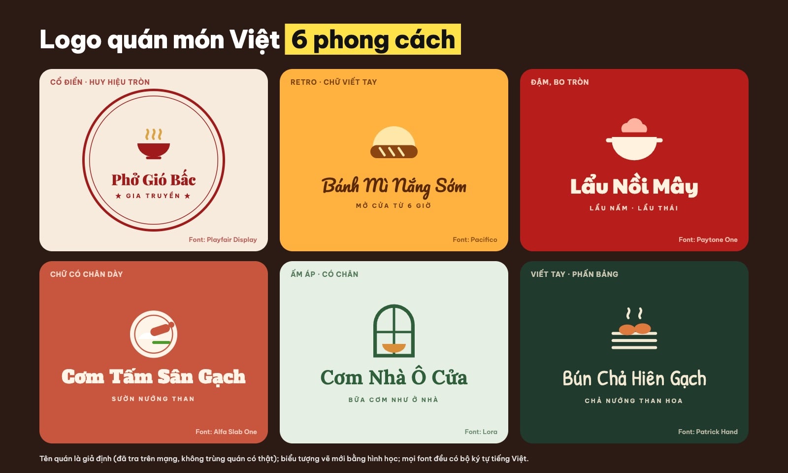 Logo quán ăn món Việt: phở, bánh mì, lẩu, cơm tấm, cơm nhà, bún chả