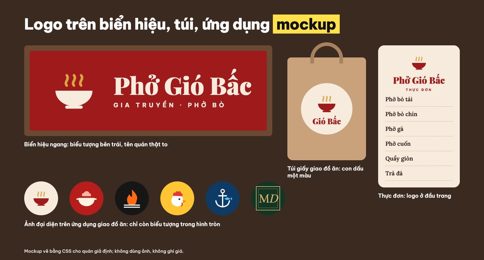 Mockup logo nhà hàng trên biển hiệu, túi giấy, menu và ảnh đại diện