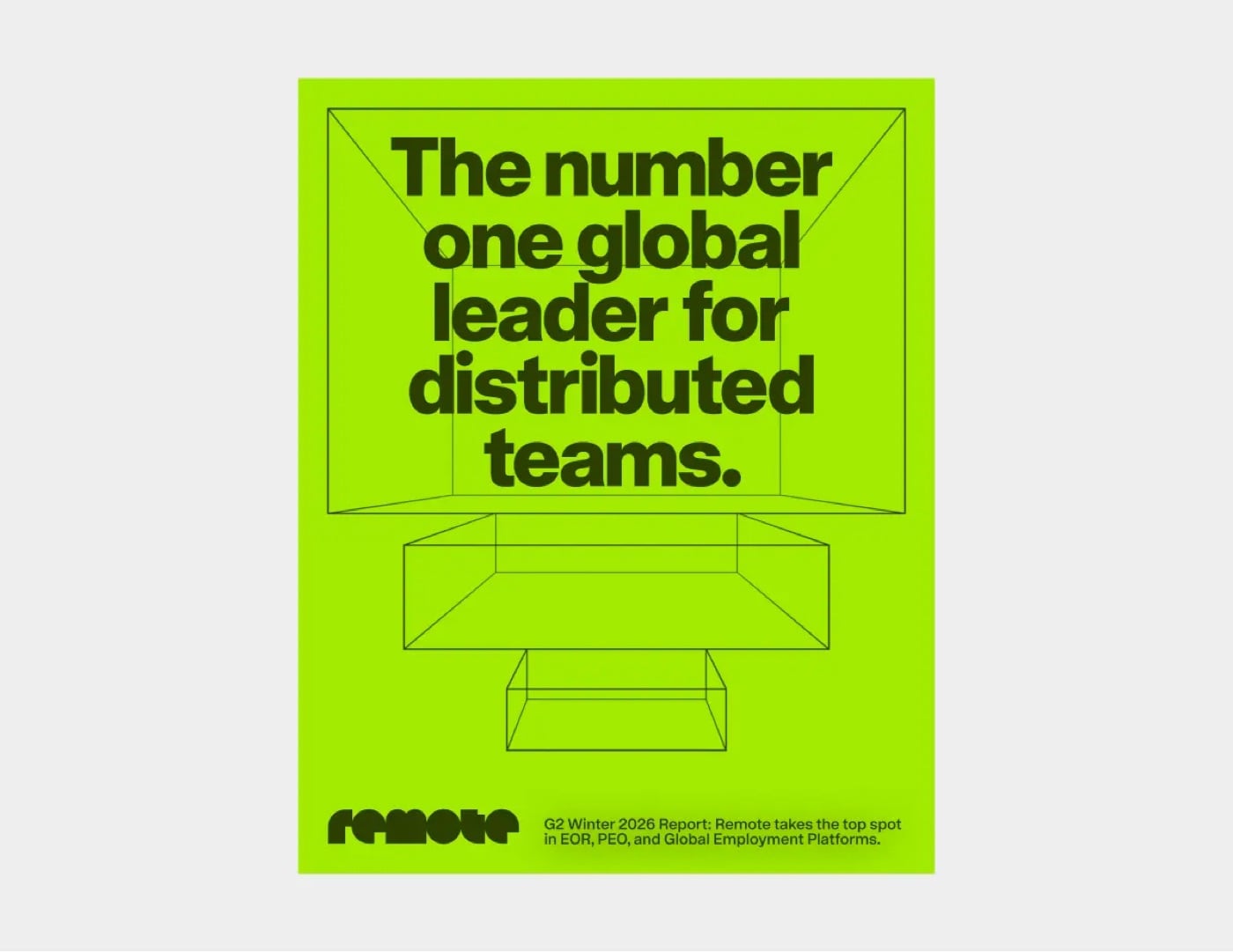 Poster nền xanh lá chanh rất sáng, chữ đen đậm The number one global leader for distributed teams, phía dưới là hình khối lập phương vẽ nét mảnh