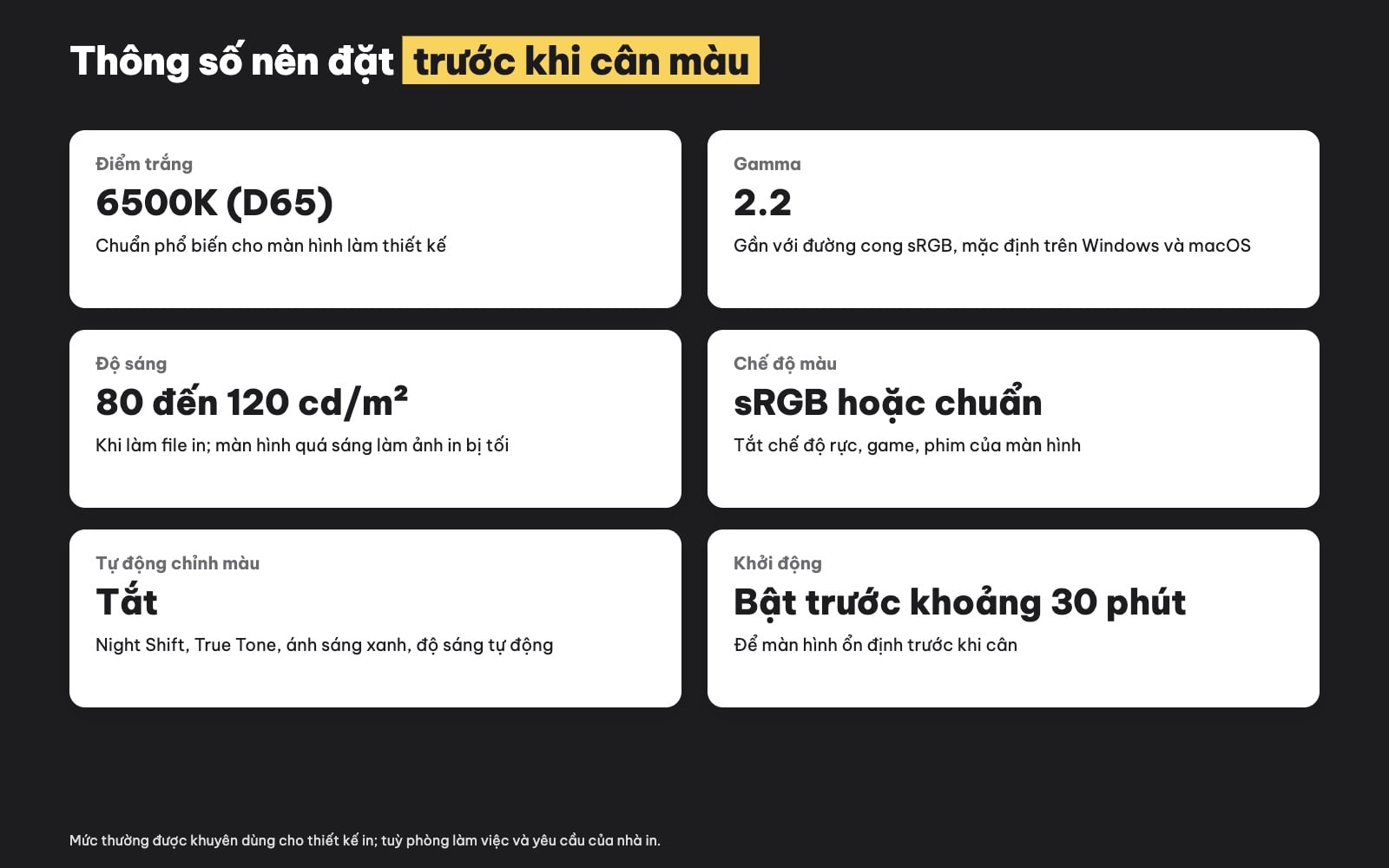 Thông số cân màu màn hình 6500K gamma 2.2