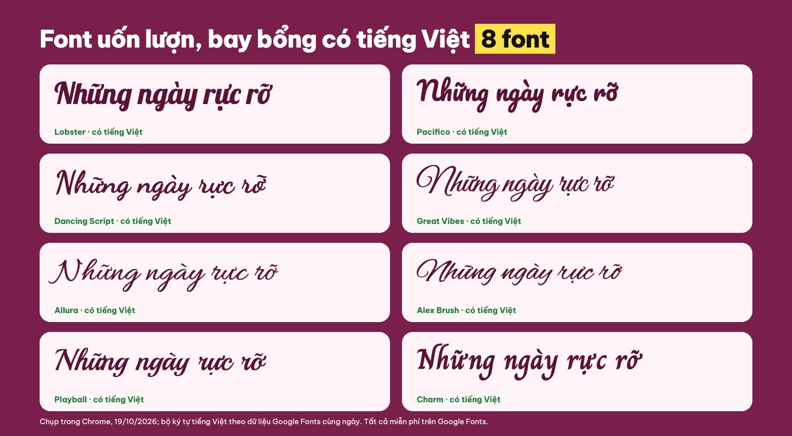 Font chữ nghệ thuật uốn lượn có tiếng Việt: Lobster, Pacifico, Great Vibes, Allura