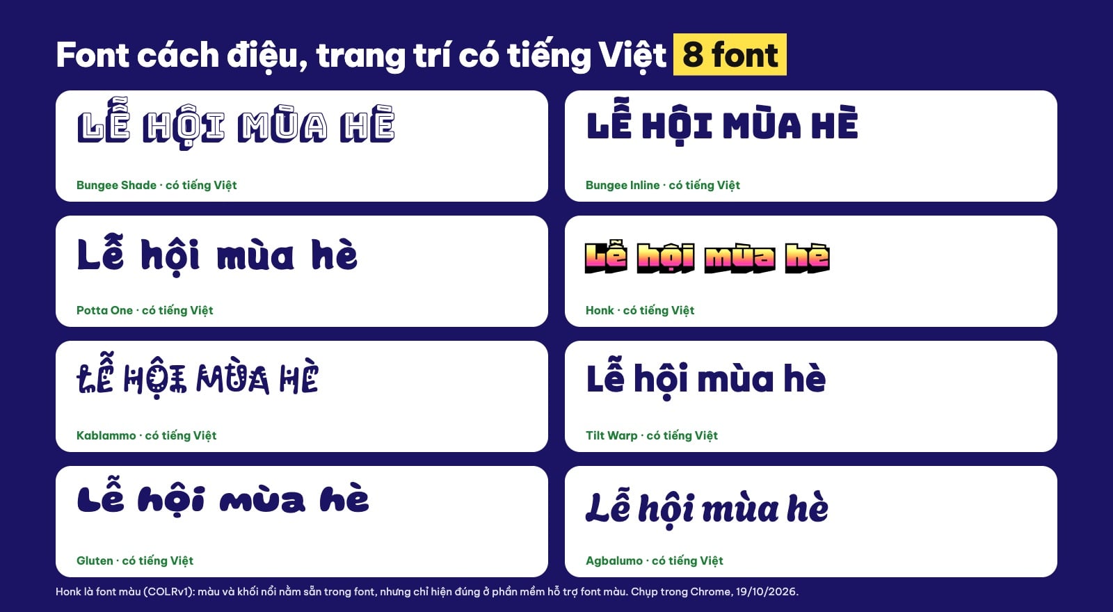 Font chữ cách điệu, trang trí có tiếng Việt: Bungee Shade, Honk, Kablammo