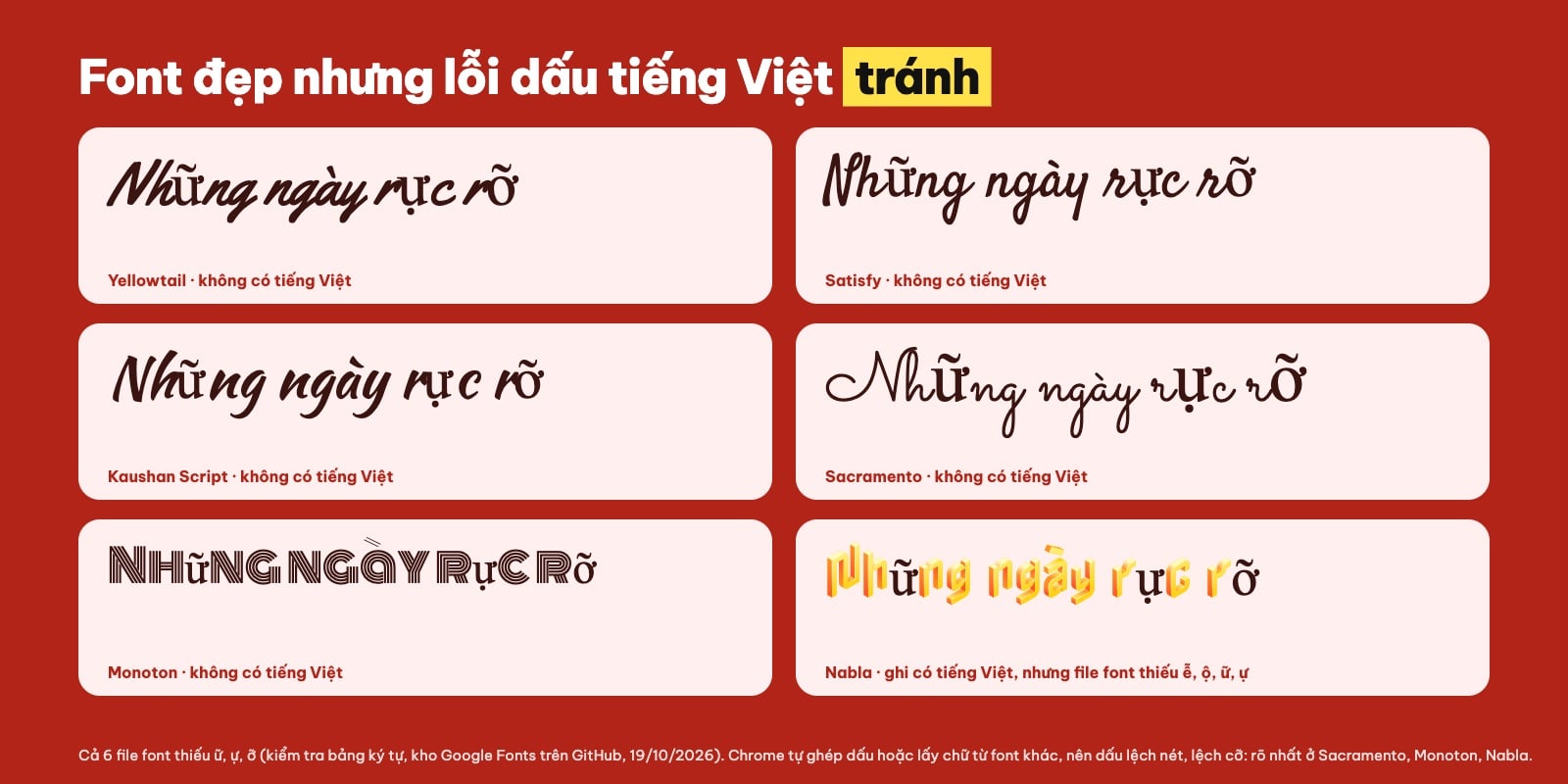 Font chữ nghệ thuật lỗi dấu tiếng Việt: Yellowtail, Satisfy, Sacramento, Monoton, Nabla