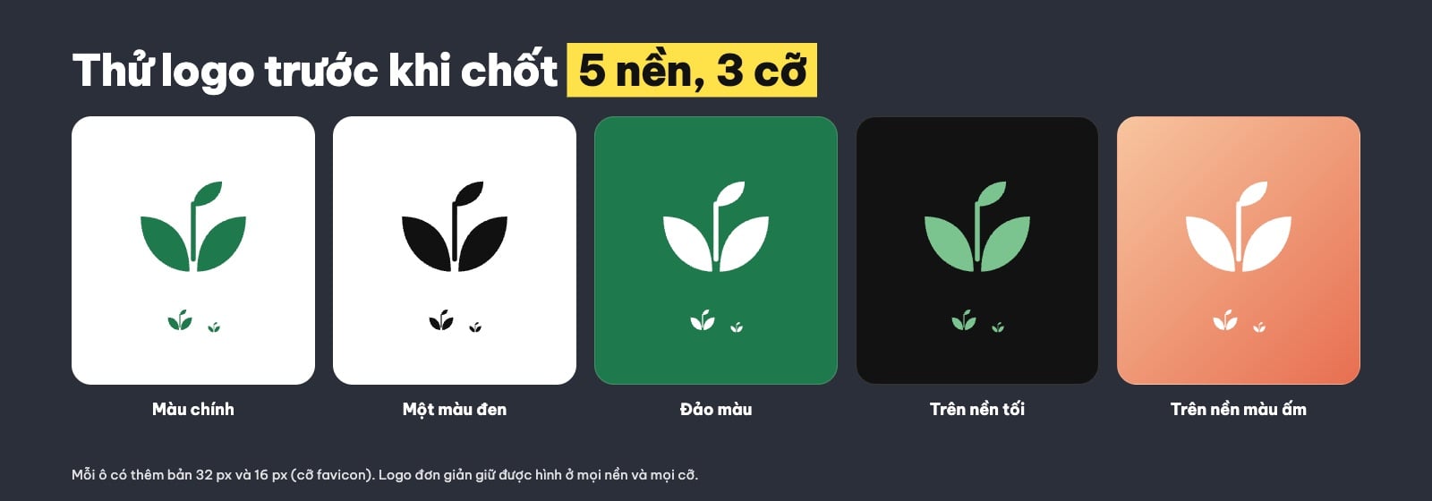 Thử logo một màu, đảo màu, nền tối và cỡ nhỏ