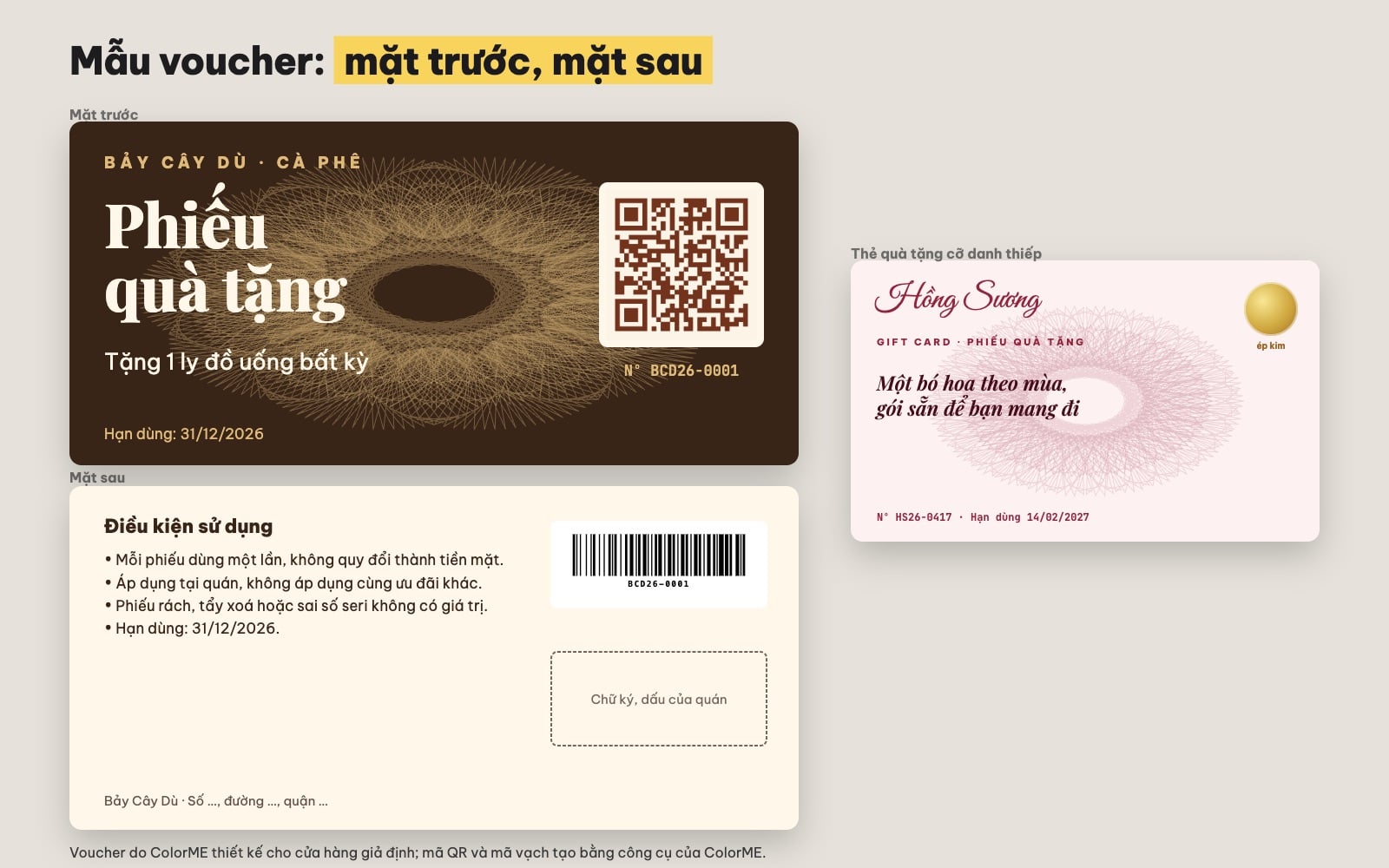 Mẫu voucher phiếu quà tặng mặt trước mặt sau