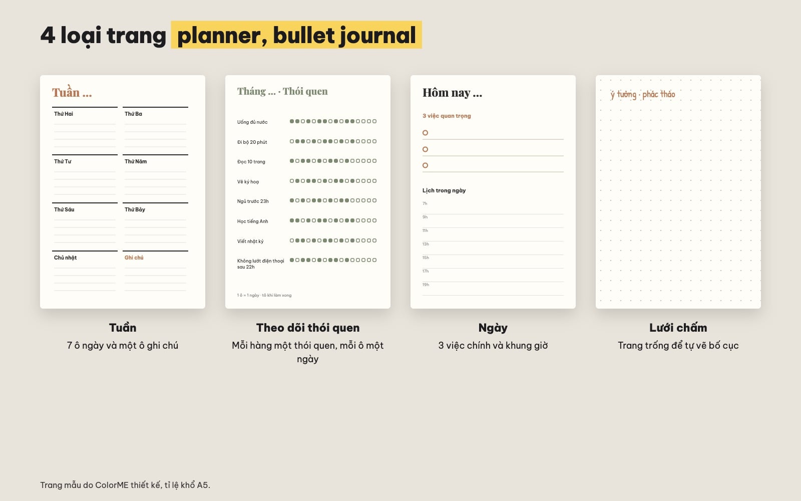 Mẫu trang planner tuần, thói quen, ngày, lưới chấm