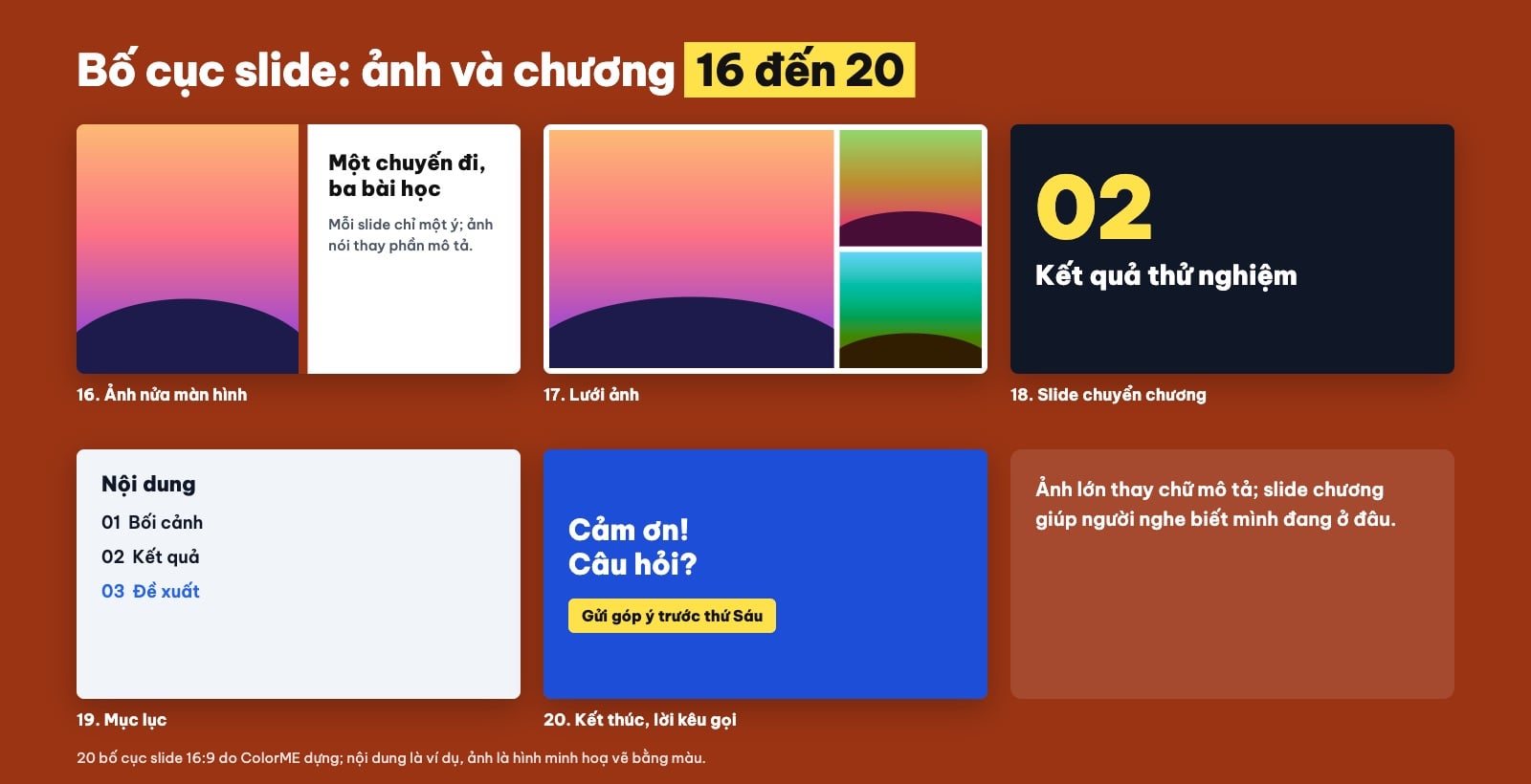 Bố cục slide ảnh nửa màn hình, lưới ảnh, chuyển chương, kết thúc
