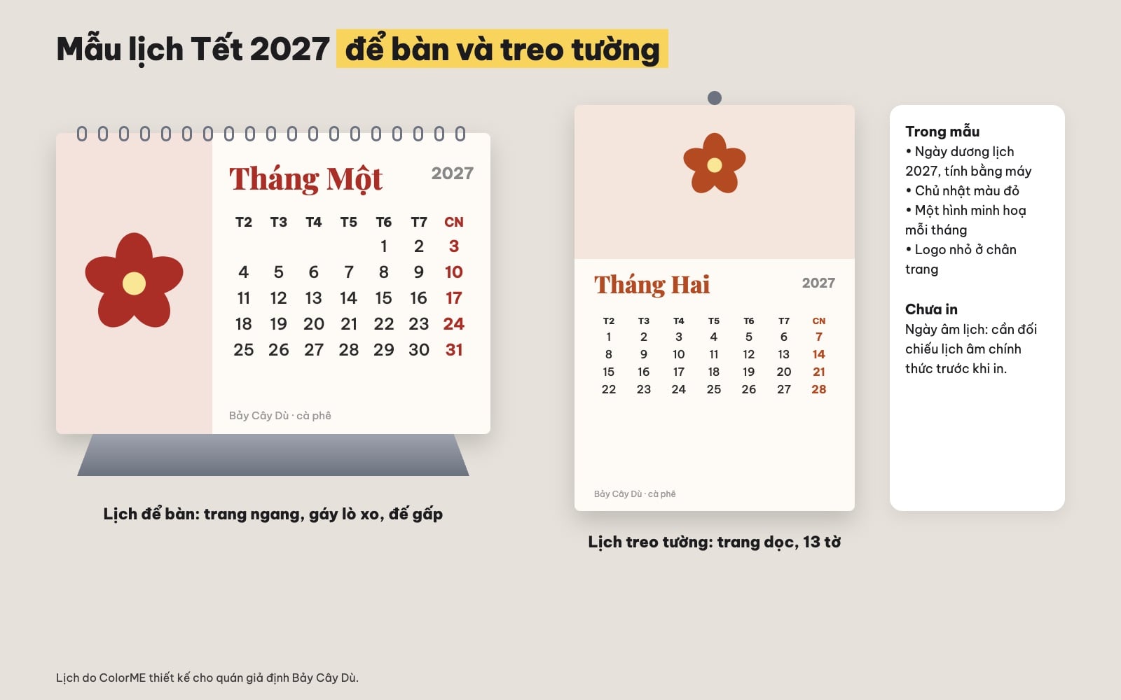 Mẫu lịch Tết 2027 để bàn và treo tường