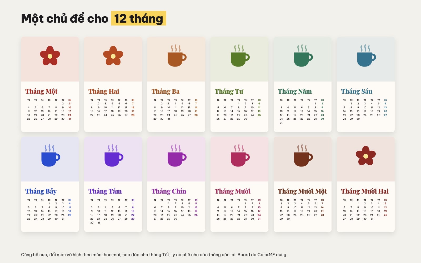 Thiết kế lịch 12 tháng theo một chủ đề
