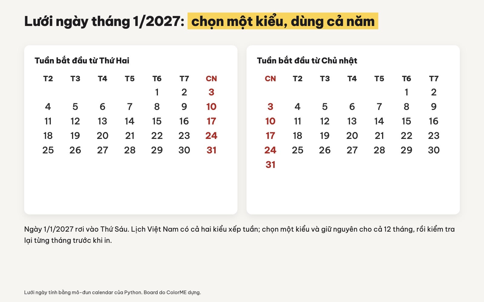 Lưới ngày lịch tháng 1 năm 2027