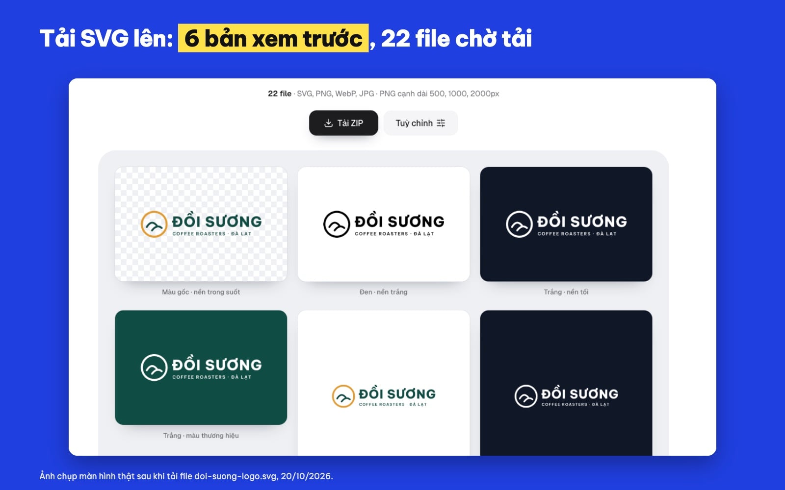 Xem trước logo bản màu gốc, bản đen, bản trắng và ảnh đại diện