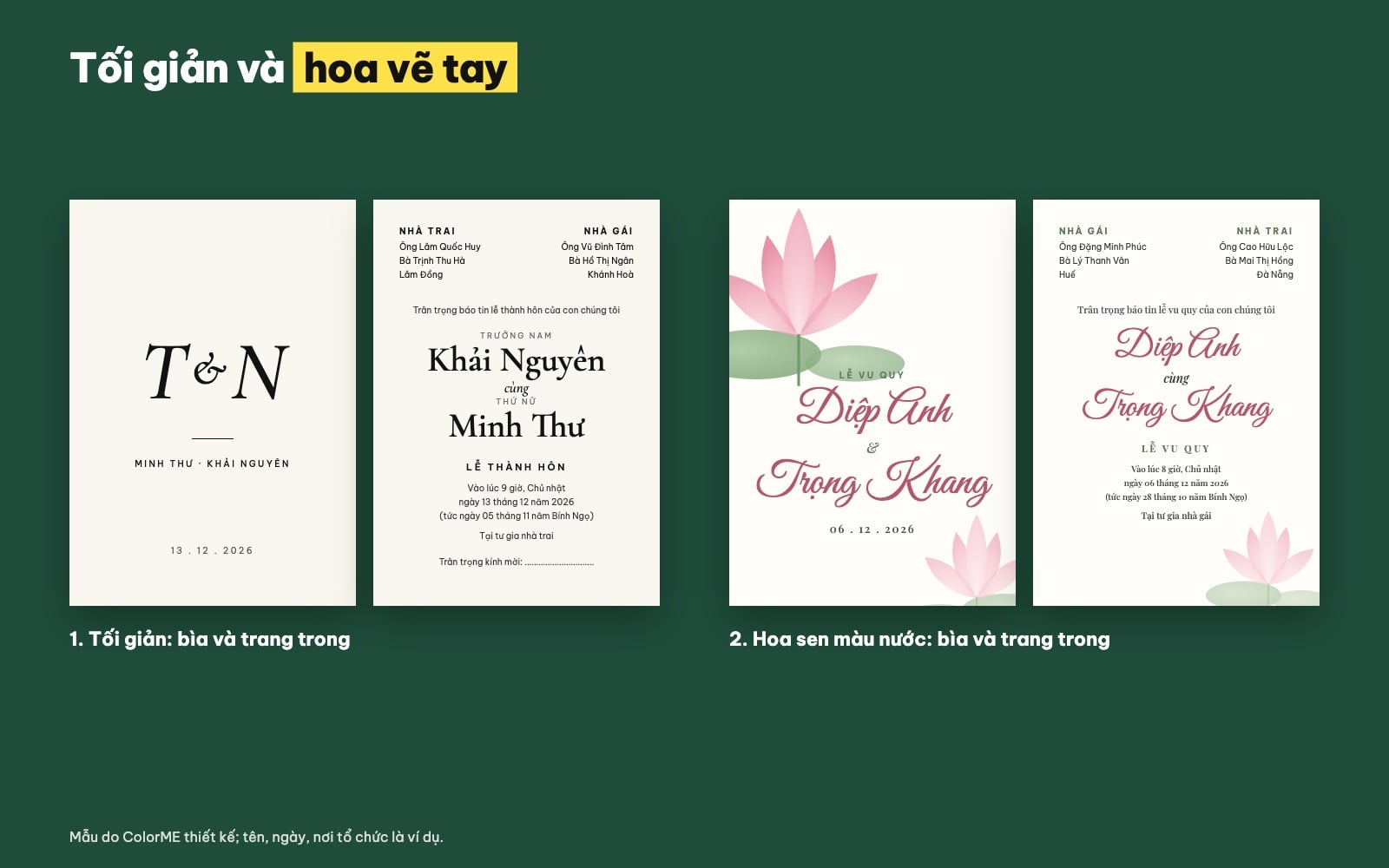 Mẫu thiệp cưới tối giản và thiệp cưới hoa vẽ tay màu nước