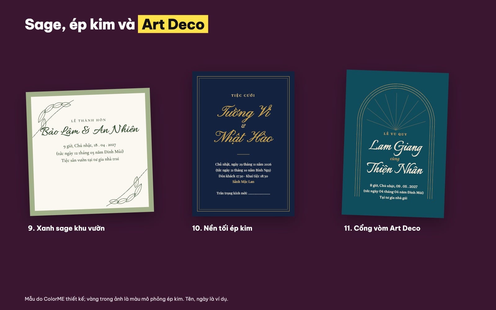 Mẫu thiệp cưới xanh sage, nền tối ép kim và Art Deco