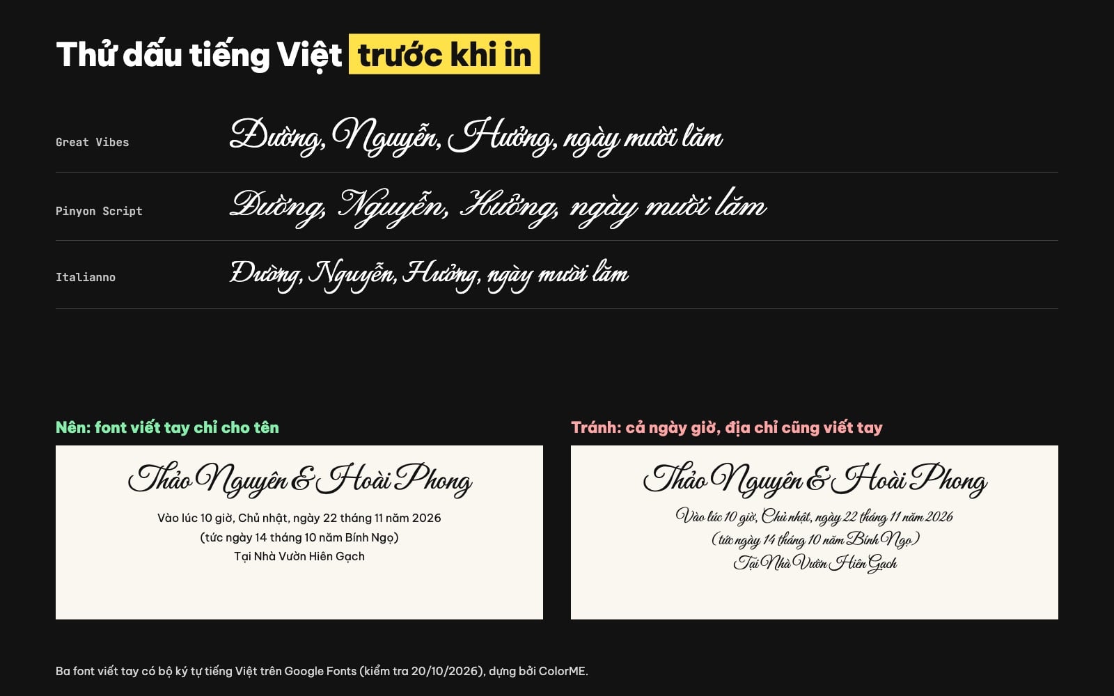 Thử dấu tiếng Việt trên font viết tay cho thiệp cưới